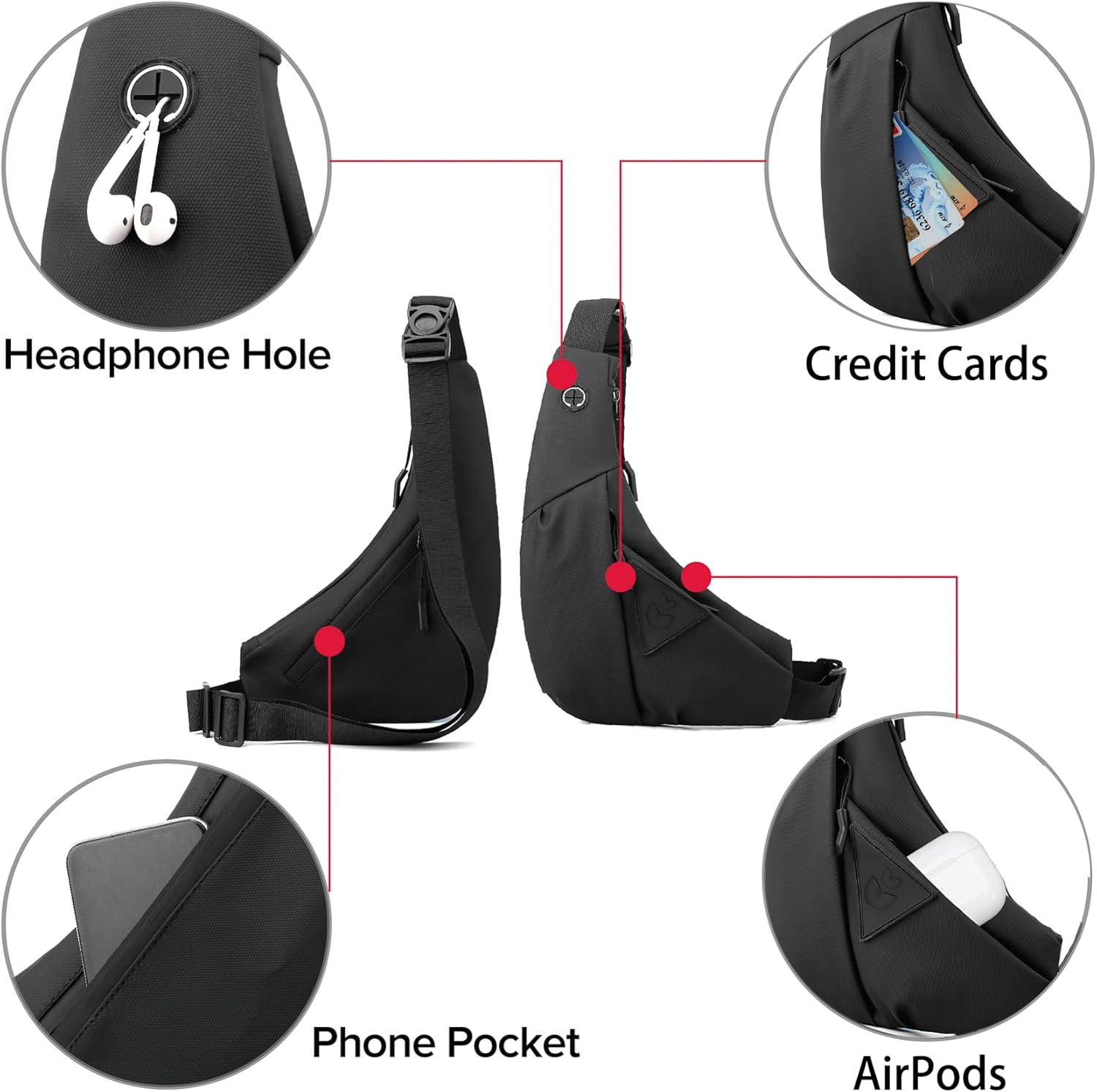 Small Sling Shoulder Crossbody Bag Men Women, Lightweight Anti-theft One Strap Casual Chest Bag Slim Backpack for Outdoor Walking Trip Hiking Biking Black - Image 4