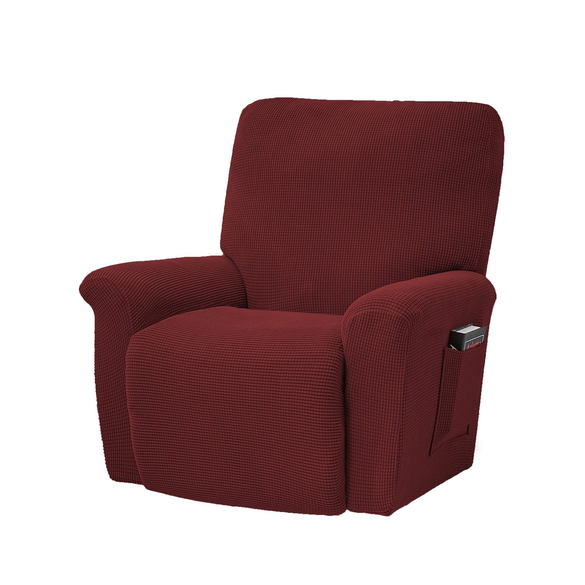 BEIWOSHA Stretch Recliner Chair Covers, 4-Piece Soft Sofa Cover Thick Single Seat Couch Cover Jacquard Recliner Slipcover with Pocket(Crimson)