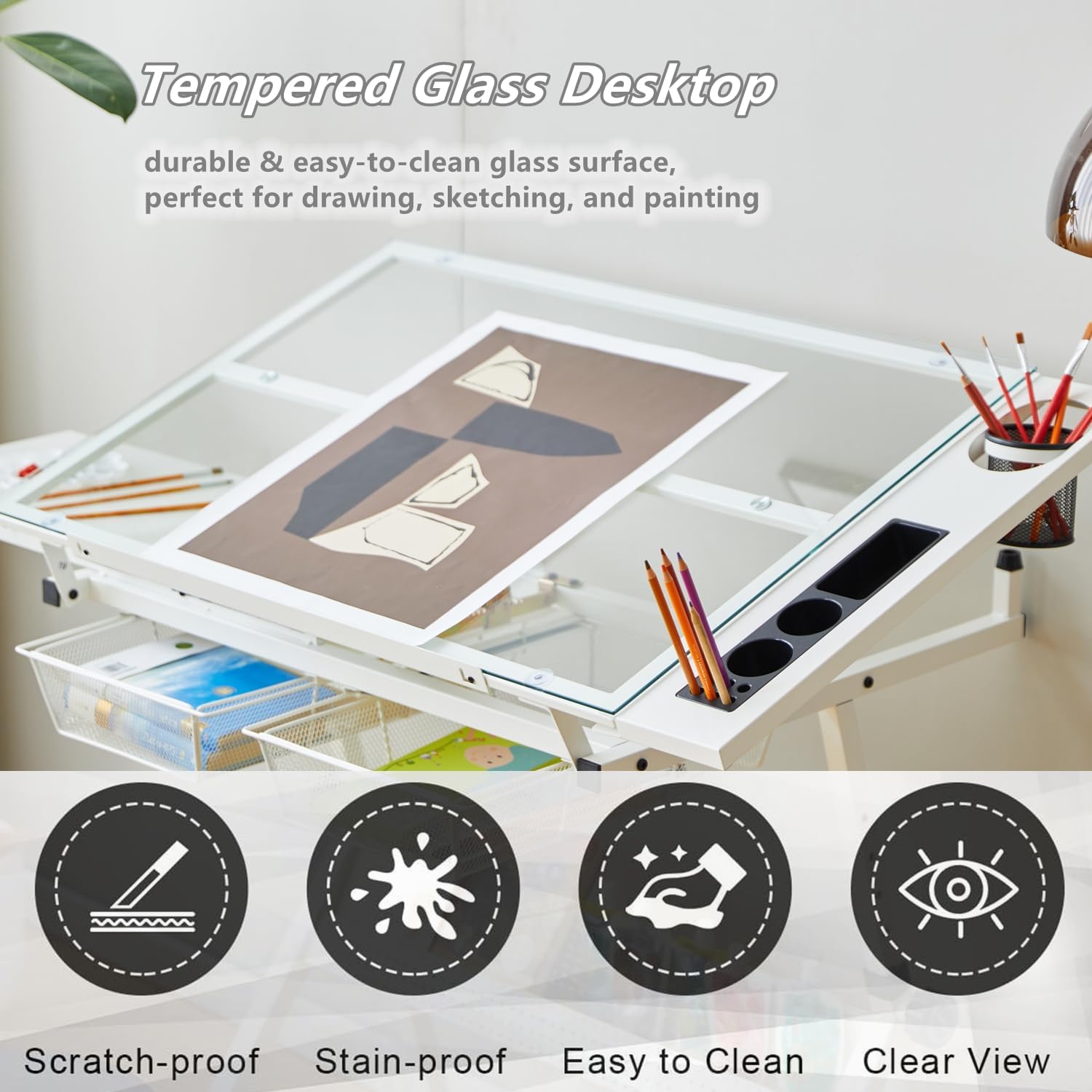Drafting Table, 0-75° Tilting Glass Tabletop Drawing Table with Stool - Adjustable Height Art Desk with Multi-Storage for Sketching and Painting - Perfect for Artists and Hobbyists, White