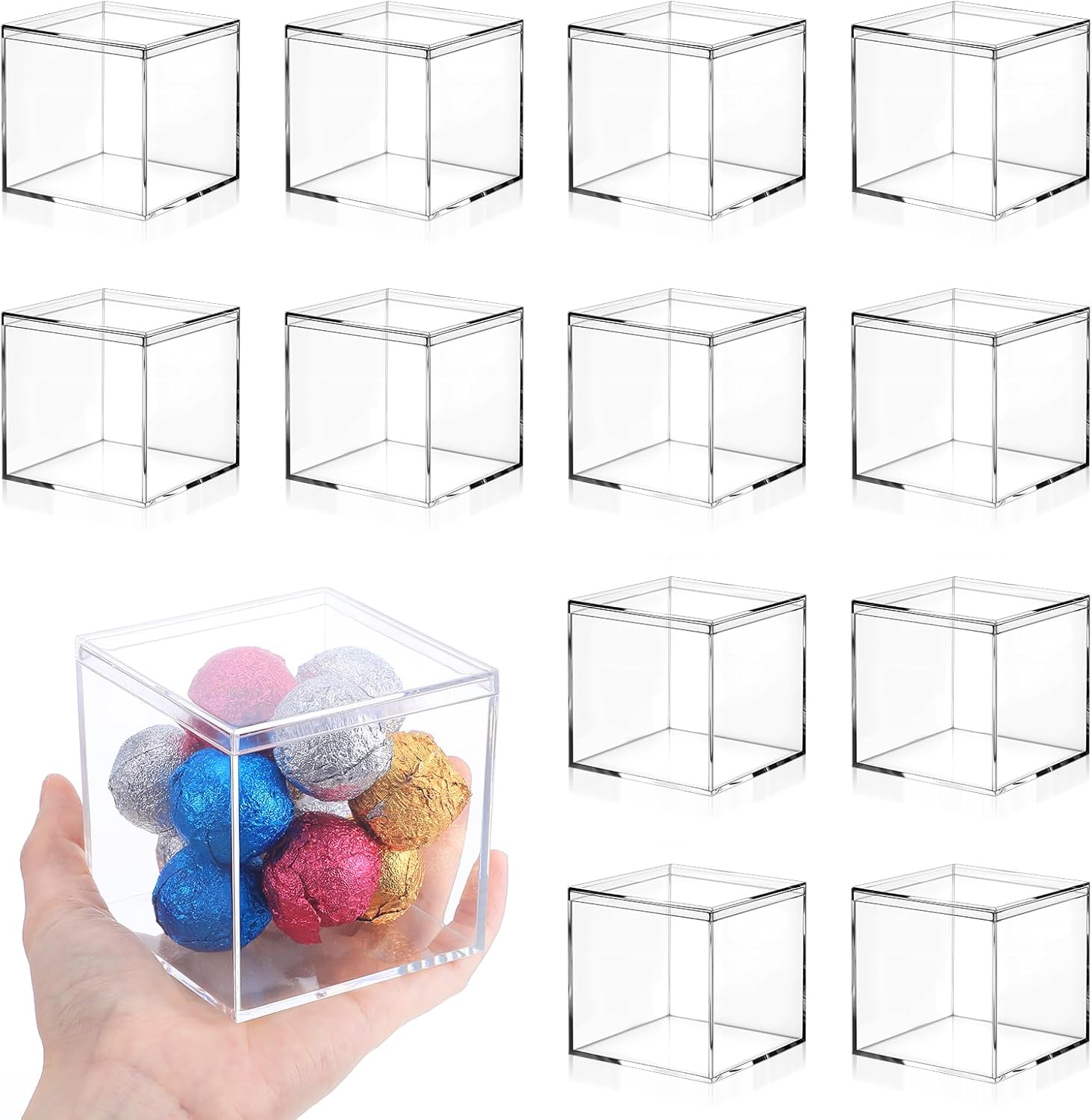 12 PCS Acrylic Square Cube 3 x 3 x 3 Inches, Small Clear Plastic Display Boxes with Lids, Clear Acrylic Storage Square Cube Boxes, Display Case Container for Candy Jewelry Tiny Items