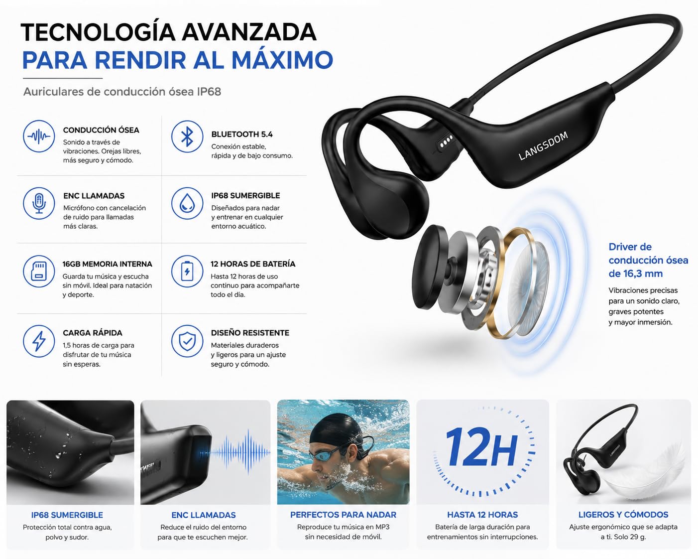 Auricolari a conduzione ossea subacquea, Bluetooth 5.4, IP68, 16, con memoria interna da 16 GB e microfono HD, 12 ore di autonomia, USB-C