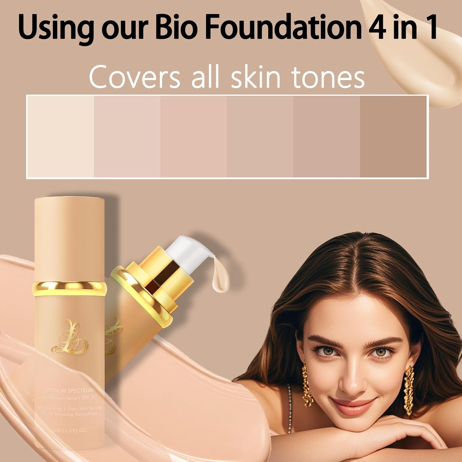 Foundation 4 in 1 - Medium Spectrum with SPF 50+, Color Changing Foundation, Hydrating Color Changing Foundation Makeup, Concealer, Sun Protection, Longwearing & Waterproof for All Skin Types - Image 2