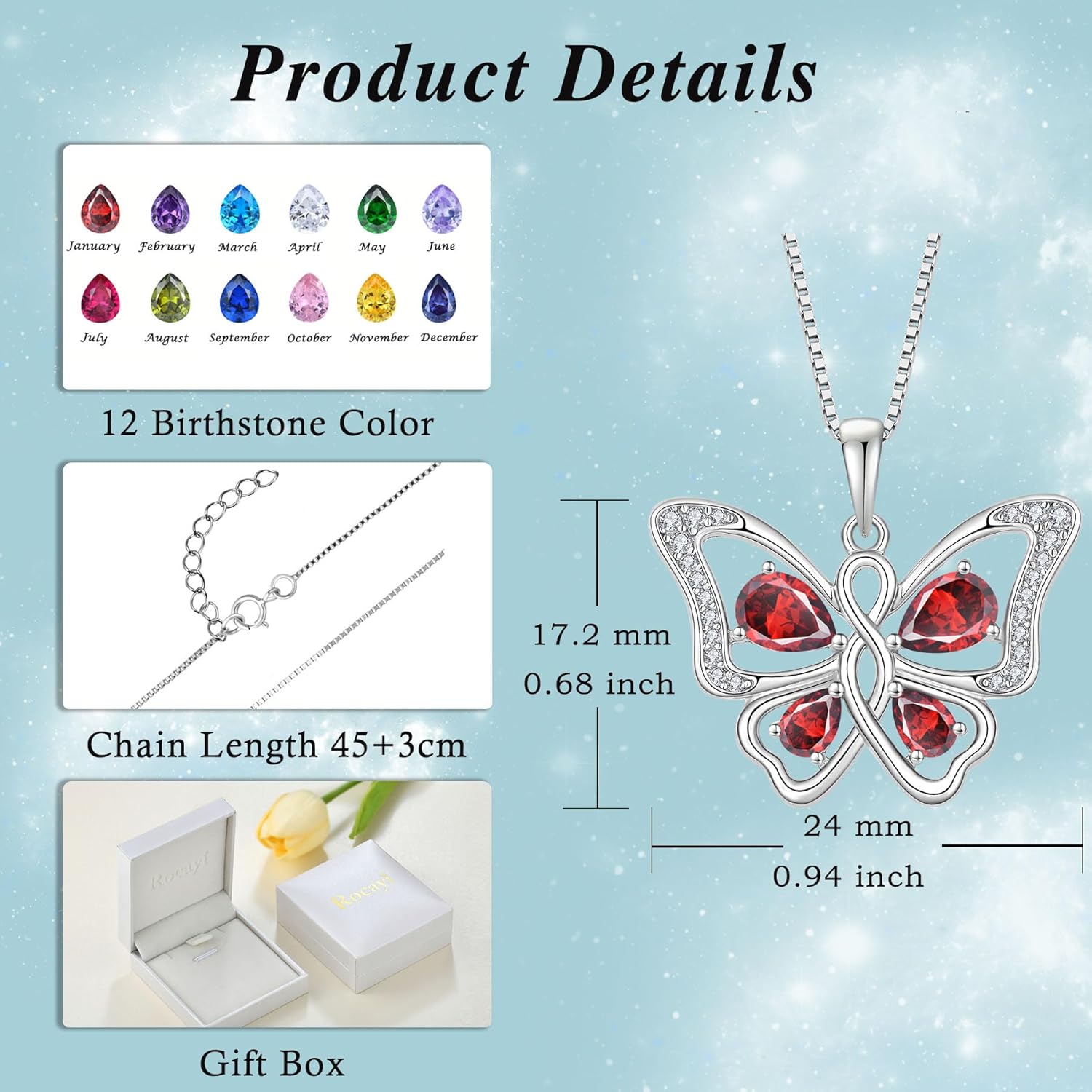 Butterfly Necklace 925 Sterling Silver Cubic Zirconia Birthstone Jewelry Gifts for Women Wife Mother - Image 6