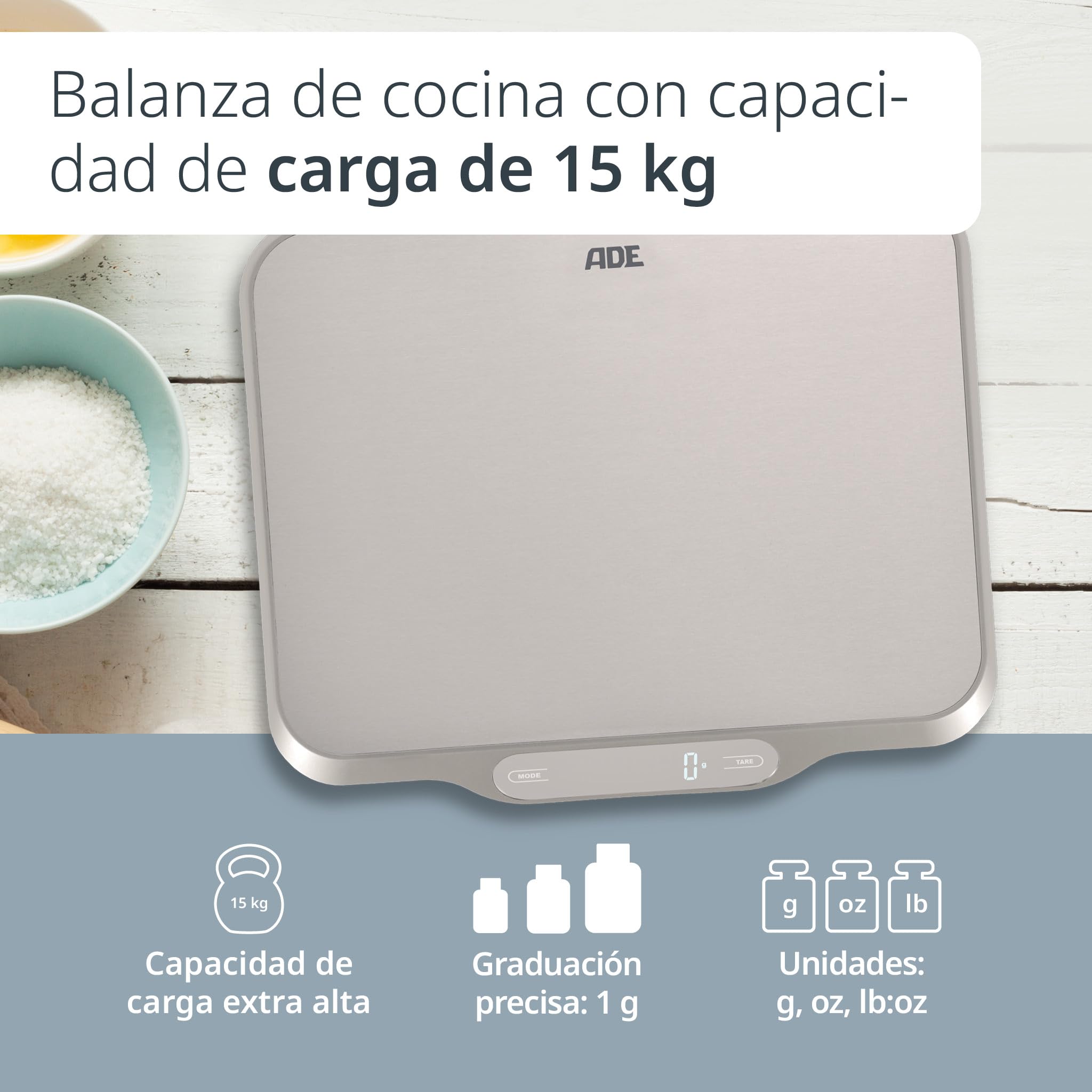 ADE Balanza de cocina extra grande digital hasta 15 kg | Superficie de pesaje 26x31 cm | Balanza para paquetes