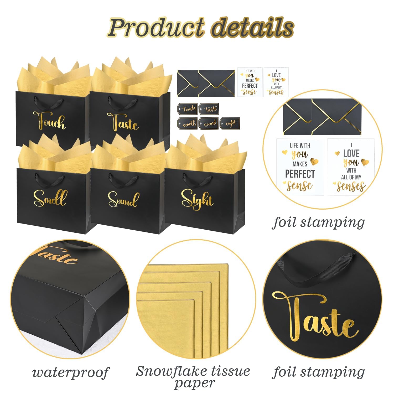 Nimbbex 13'' Large 5 Senses Gift Bags for Him Her with Labels Envelopes and Cards, Gold Foil Five Senses Gift Bags with Tissue Handle for Birthday, Anniversary, Mother's Day, Valentine's Day (Black)