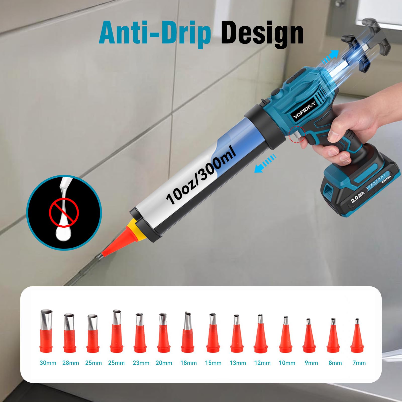 Yofidra Accu Kitpistool - Accu siliconenkitpistool met 2 x 2,0 Ah accu