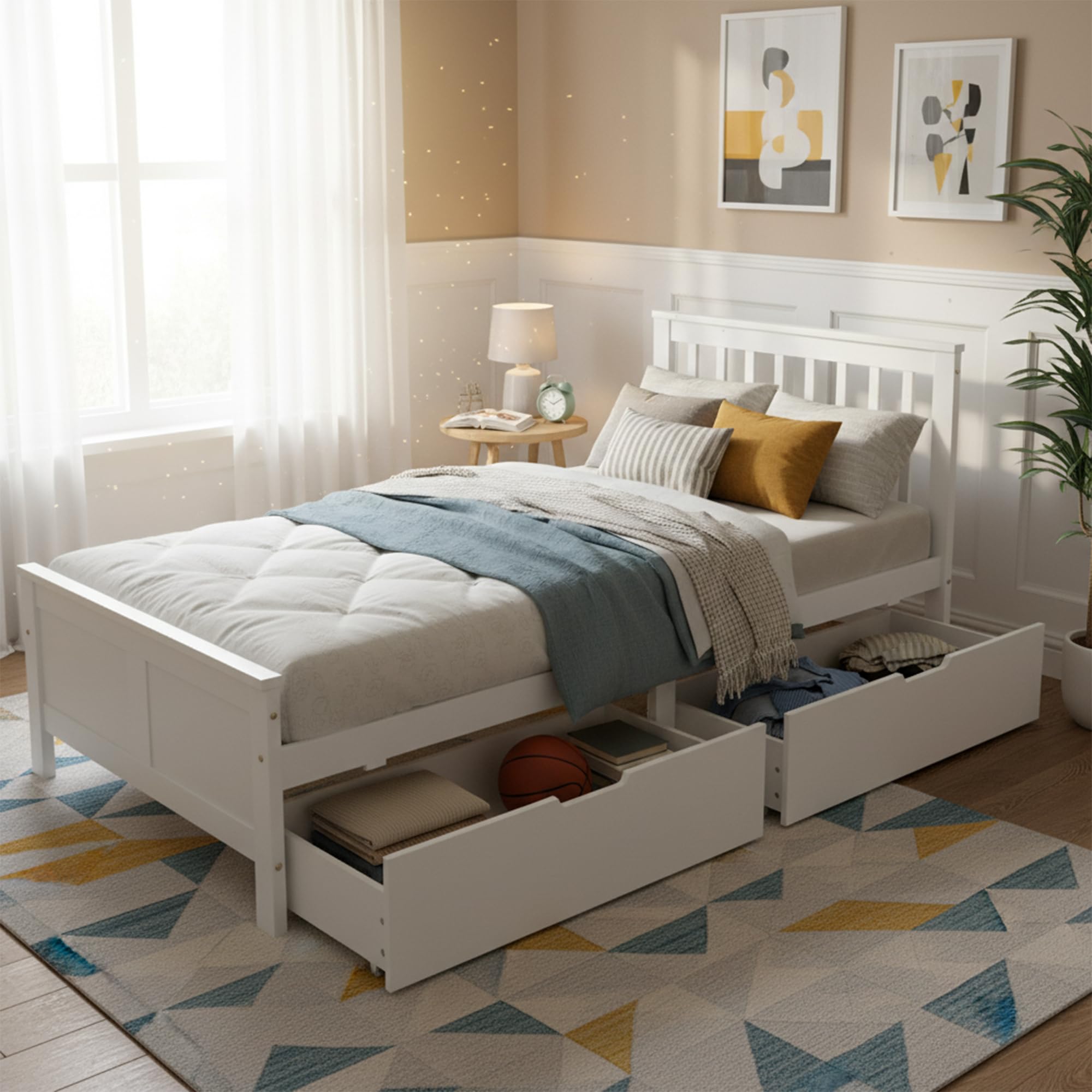 ModernLuxe Bett 90 x 200cm mit Schubladen, Einzelbett/Doppelbett mit Lattenrost und Kopfteil Bettgestell Holzbett Jugendbett Massivholz Bett (90 x200 cm)