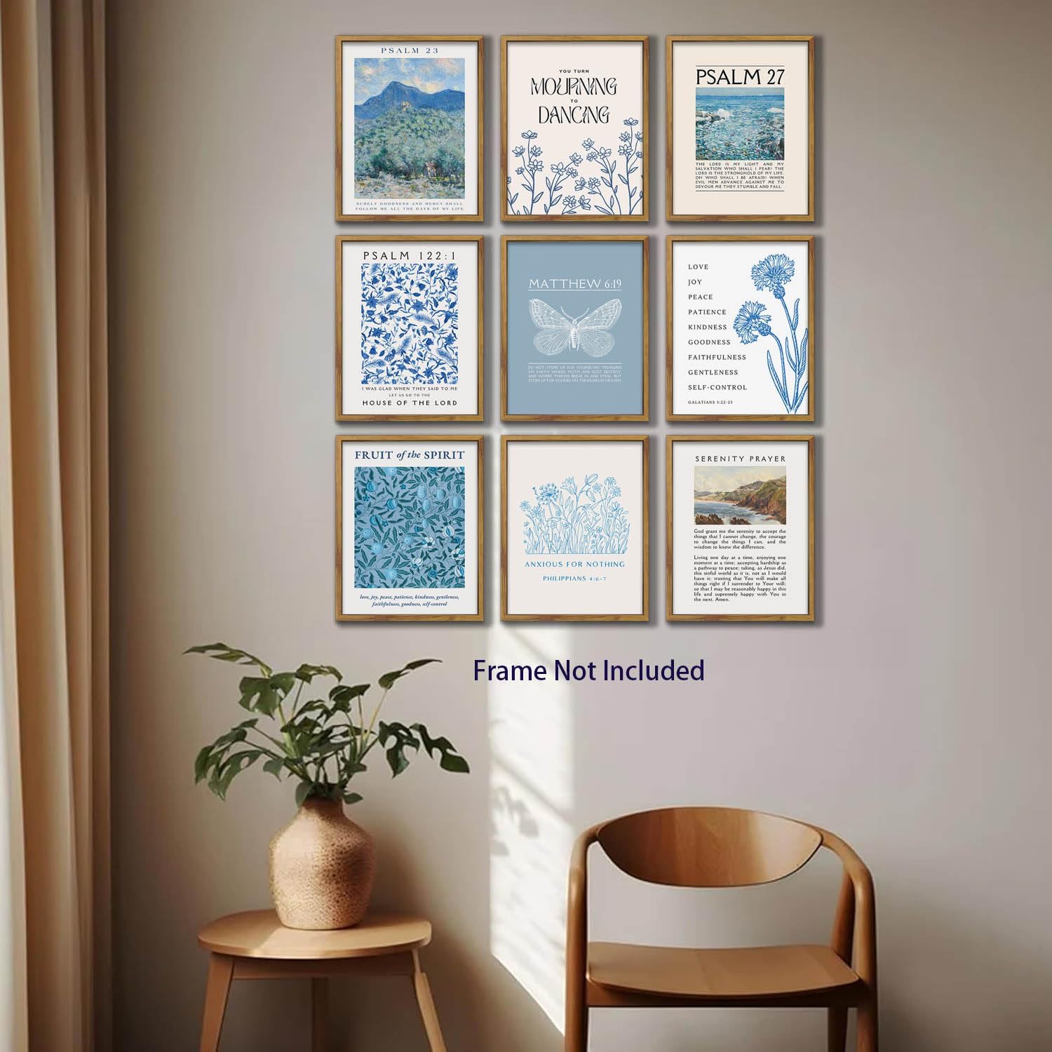 BingruiArt 9Pcs Christian Wall Art Blue Bible Verse Posters Jesus Canvas Retro Psalm 23 Scripture Vintage Artwork Religious Poster Pictures Prints for Living Room Bedroom 12x16in Unframed