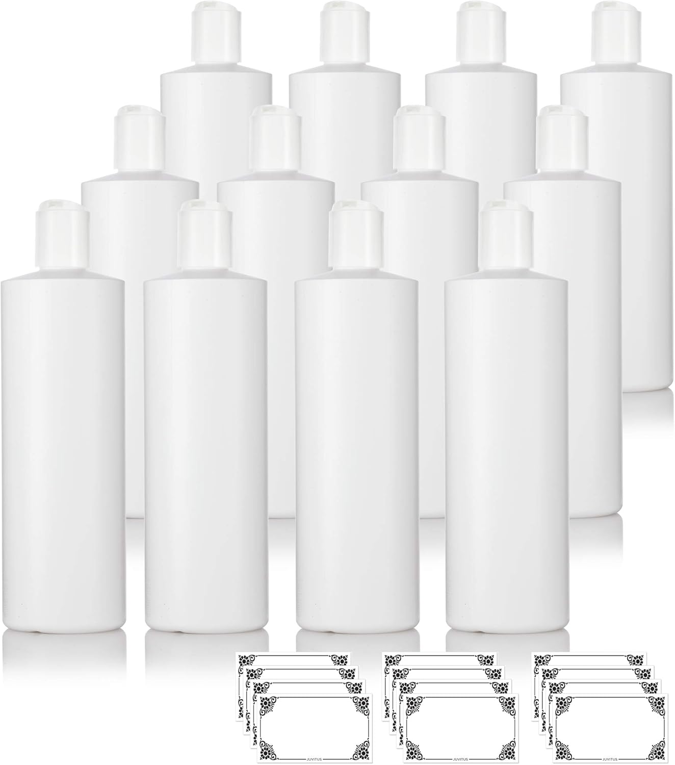 JUVITUS (12 Pack) 16 oz White Plastic Squeeze Bottles with White Disc Caps