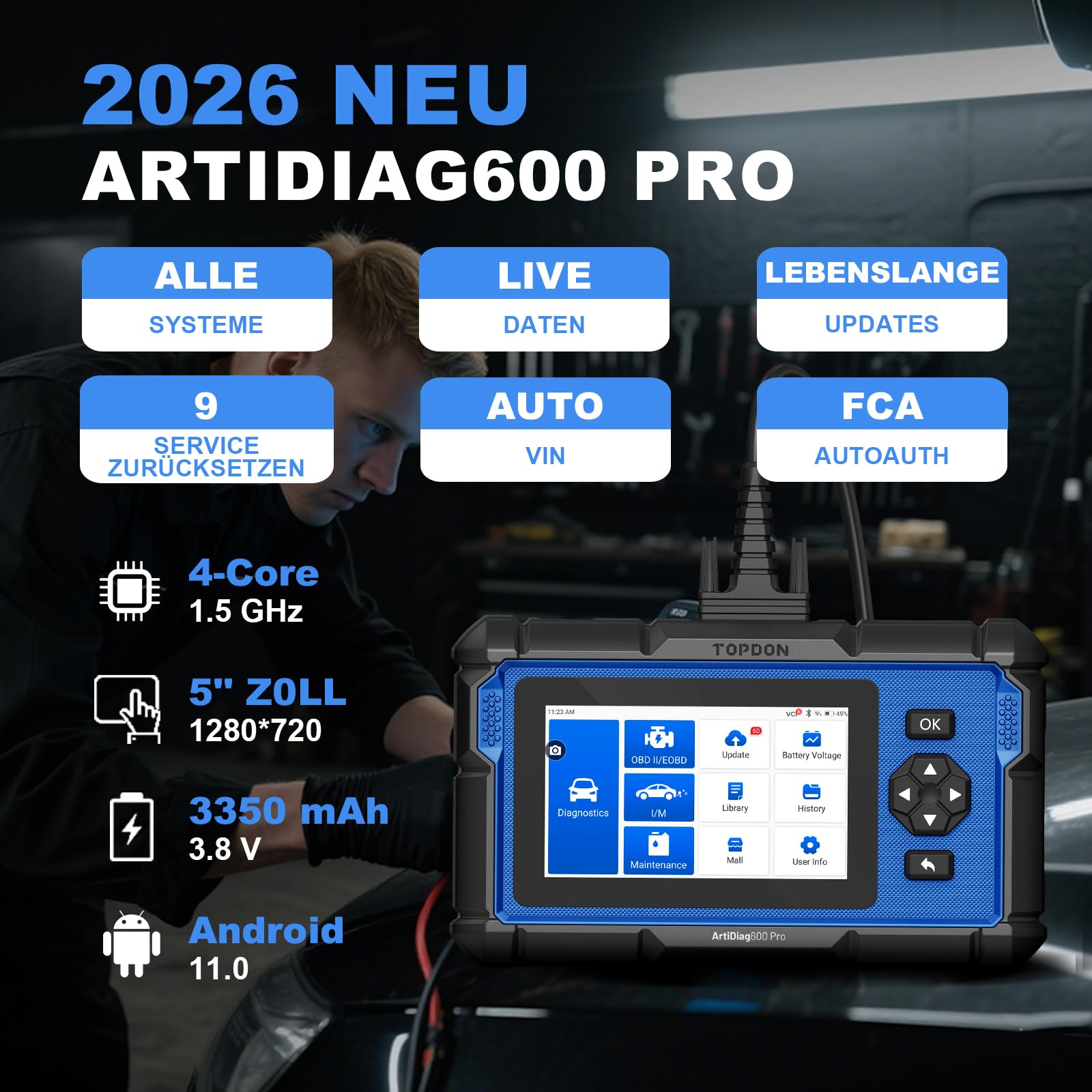 TOPDON ArtiDiag600 Pro, OBD2 Diagnosegerät Auto, Diagnosegerät für alle Fahrzeuge, 9 Servicefunktionen für Öl/ABS/DPF/SRS/SAS/Injektorcodierung, Lebenslange kostenlose Updates