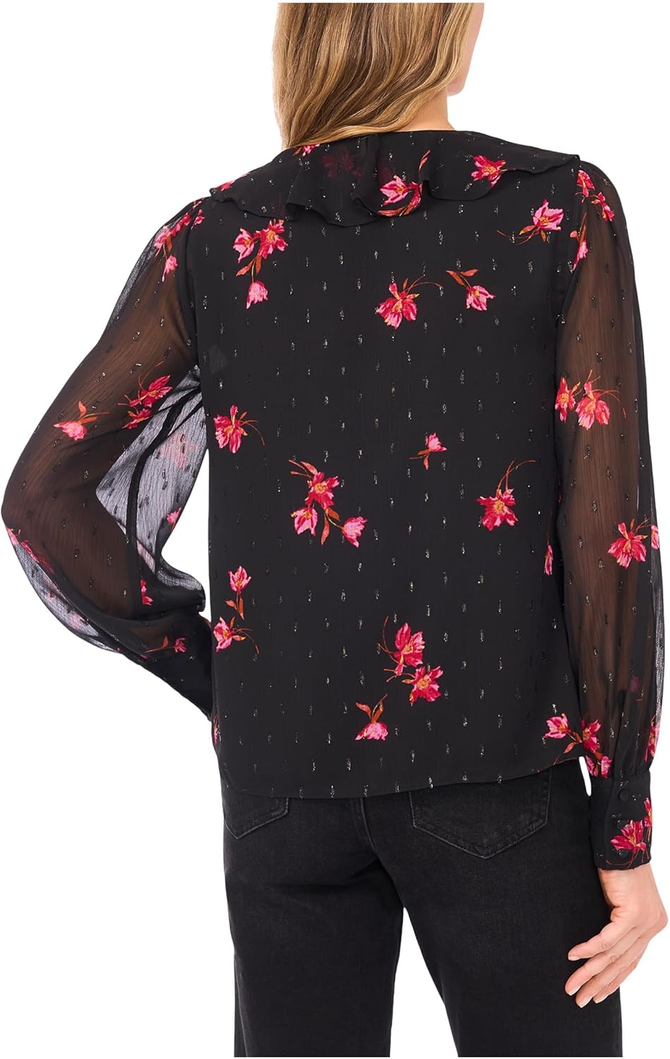 CeCe Womens Long Sleeve Ruffle Tie Neck Top - Image 2