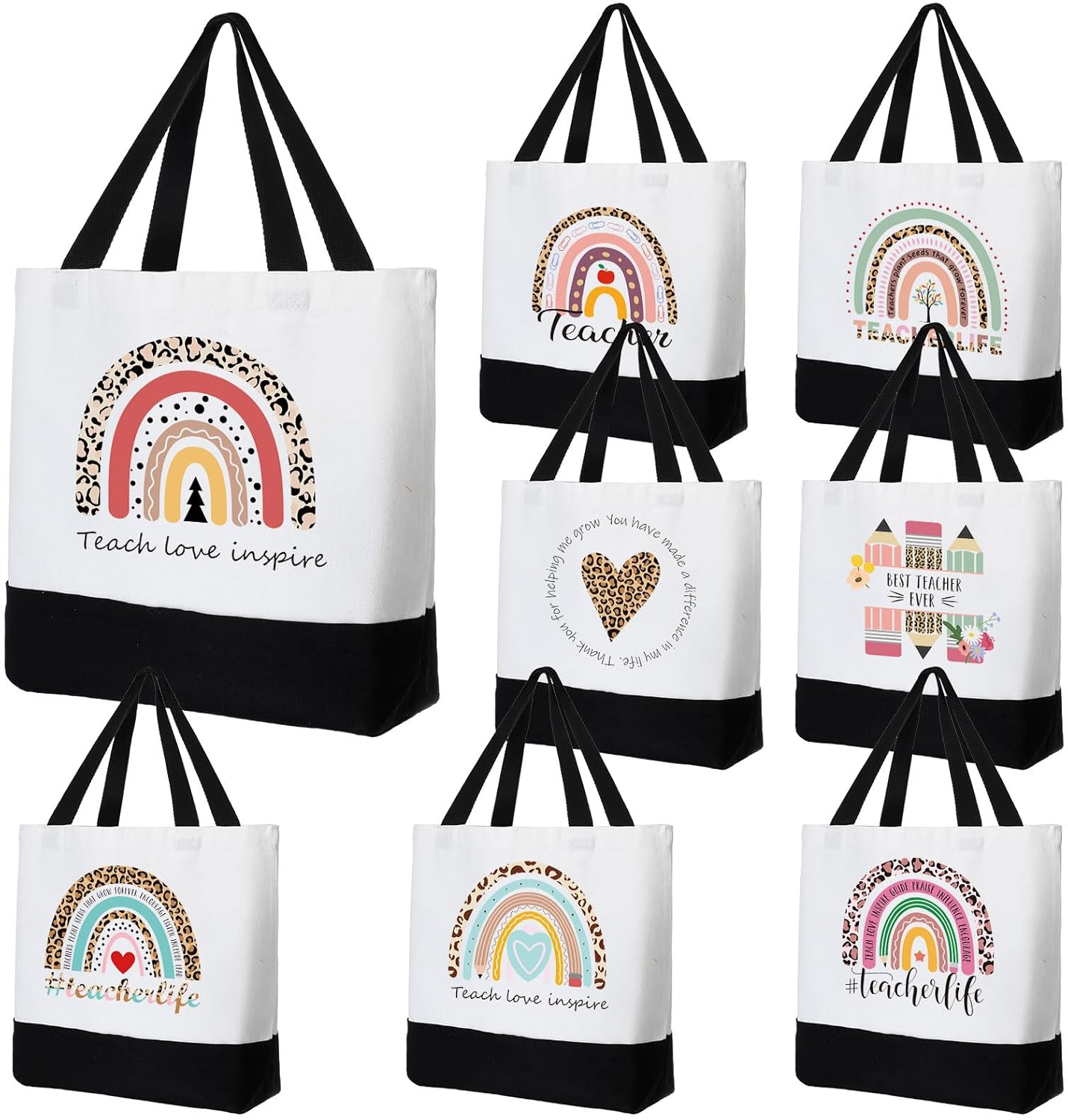 Sweetude 8 Pack Teacher Appreciation Bag Canvas Tote Bag Bulk Rainbow Teachers Day Thank You Gifts Graduation