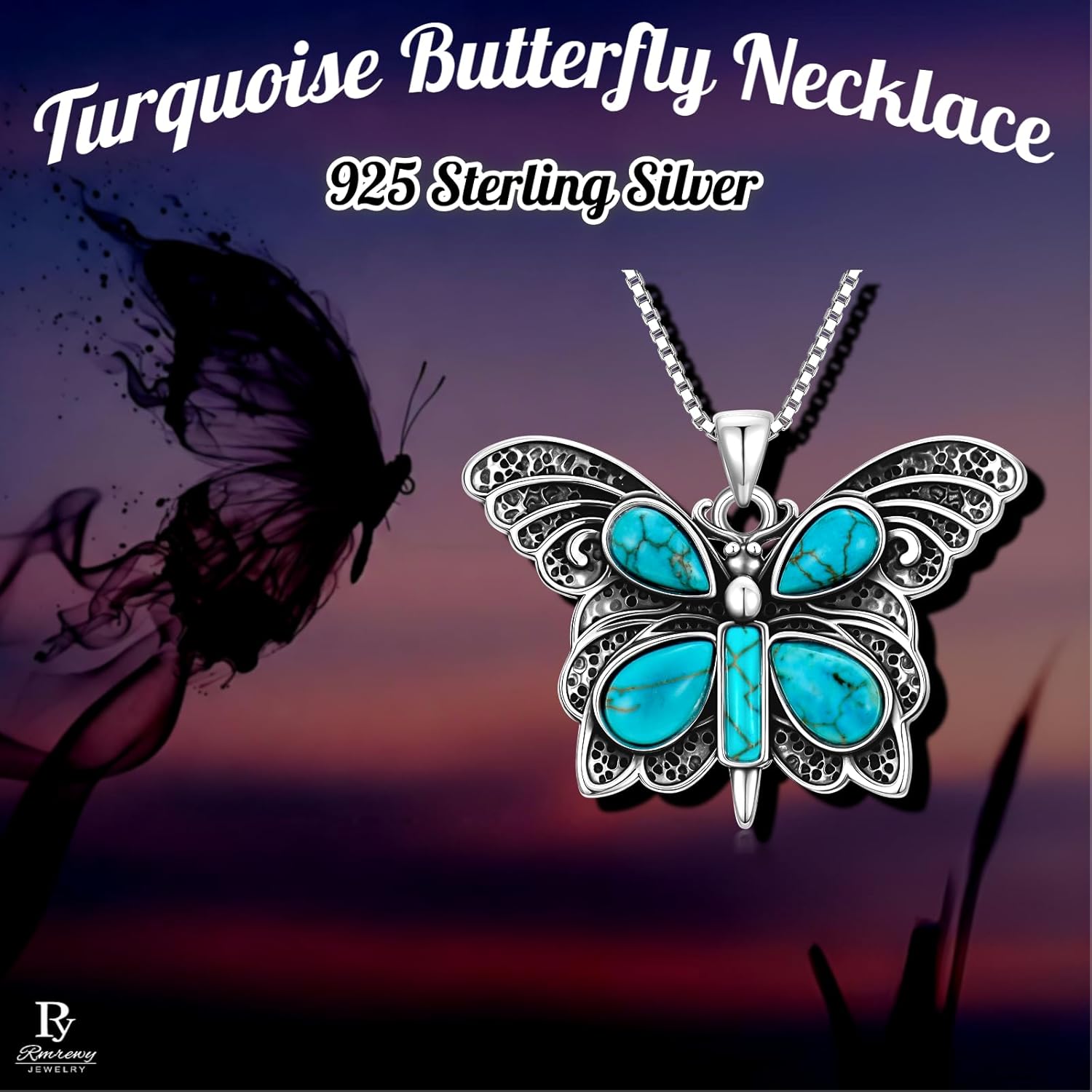 RMREWY Genuine Turquoise Butterfly Pendant Necklace,925 Sterling Silver Native American Boho Western Pendant Real Gemstone Jewelry Birthdays Gift for Women Butterfly Lover - Image 8