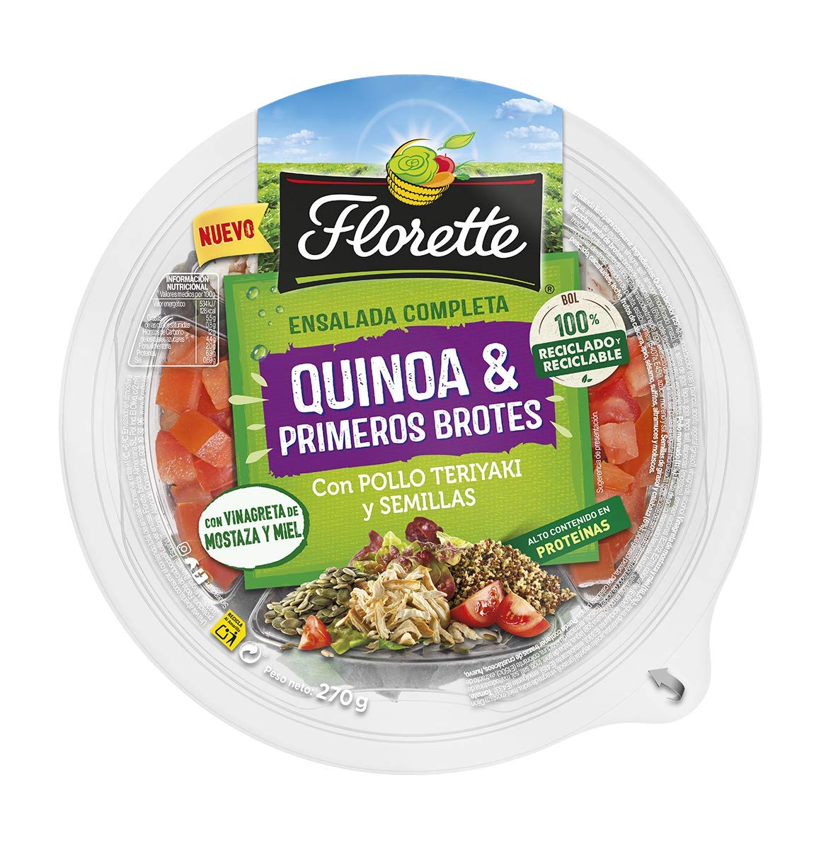 Florette Ensalada Completa de Quinoa y Primeros Brotes, con Pollo Teriyaki, Semillas y Vinagreta de Mostaza y Miel, 270 g