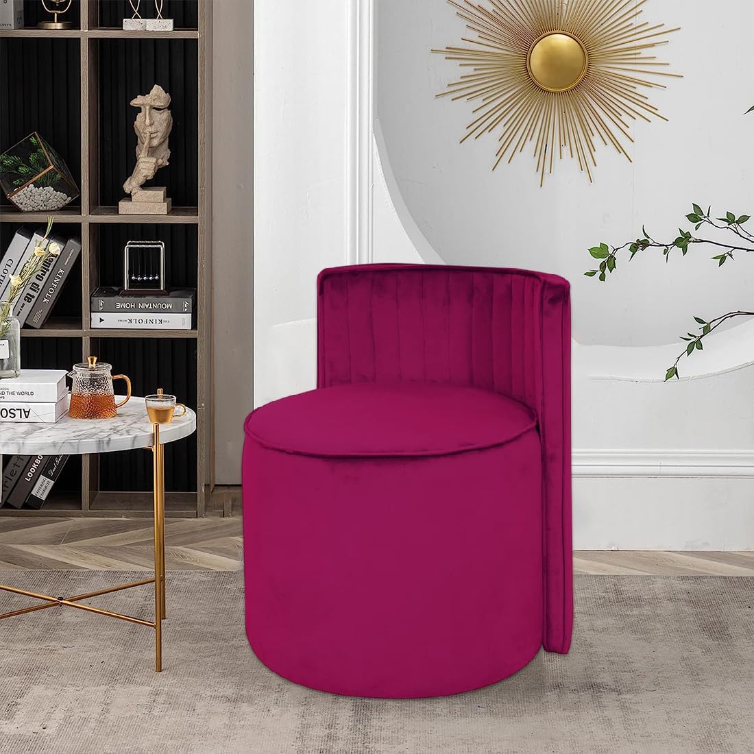 ROUNDHILL FURNITURE Polyester Fabric Upholstered Round Ottoman With Backrest | Multipurpose Wooden Cushioned Footrest Shoe Stool Muddha Pouffe for Living Room, Bedroom, Hallway and Home Décor (Purple)