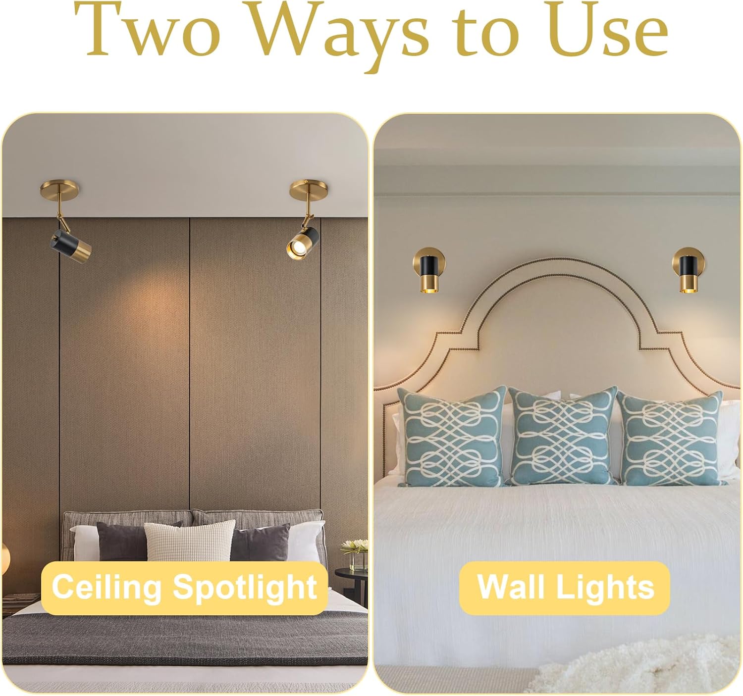 Modern Ceiling Spotlight, Gu10 Spot Lights Indoor with 350° Pivoting, 2-Packs Adjustable Directional Spotlight Indoor, Black and Gold Ceiling/Wall Light for Gallery, Cabinet, Hallway