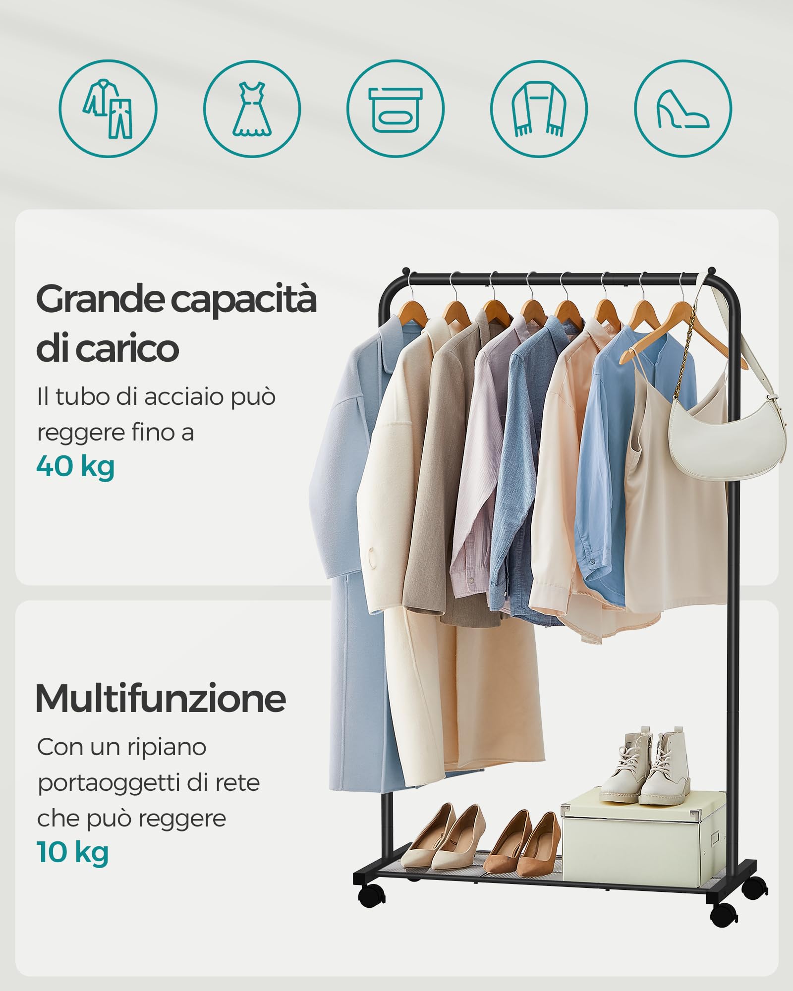 SONGMICS Stand Appendiabiti in Metallo, Attaccapanni con Ruote, Ripiano Portaoggetti, Barra Regge fino a 40 kg, Nero HSR25BK