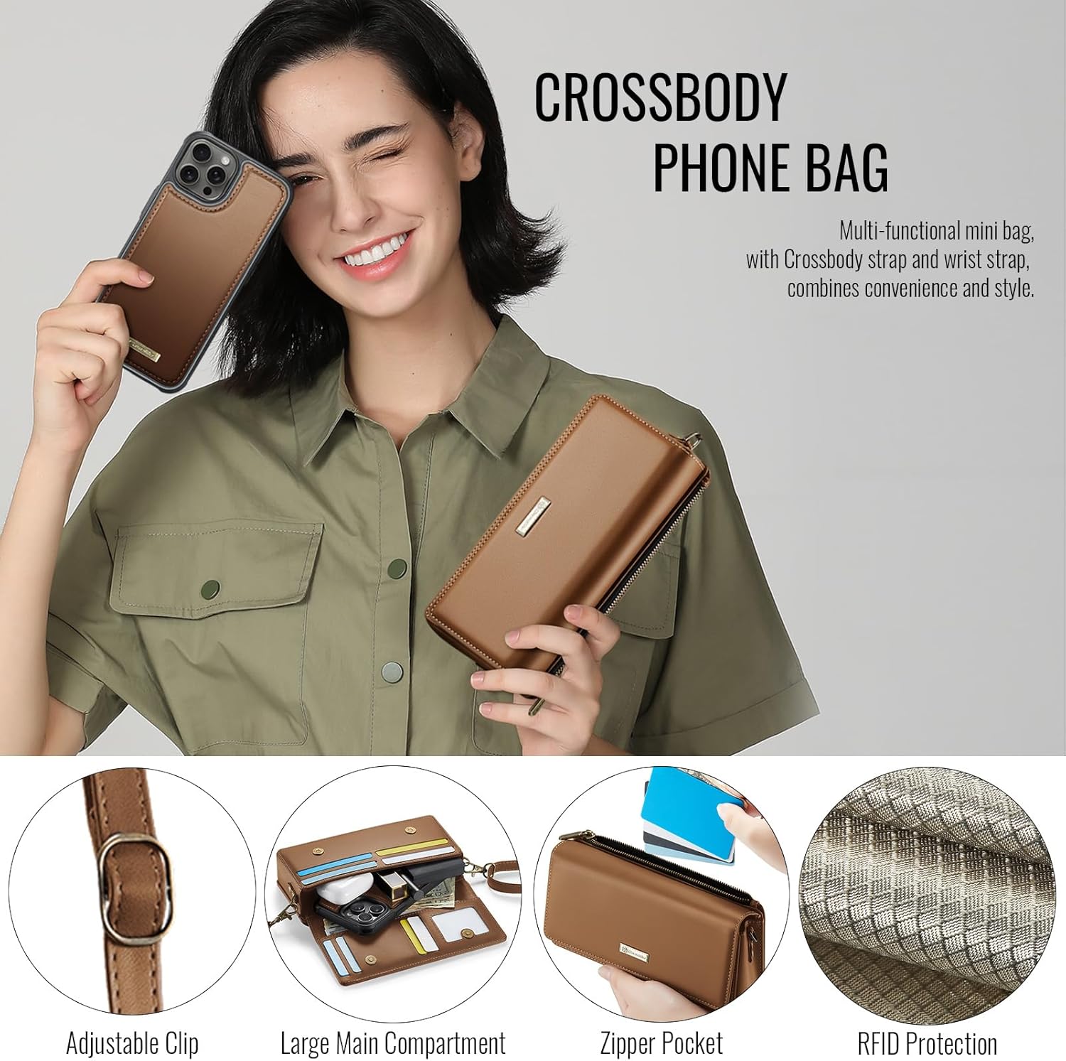 CaseMe 2-in-1 Detachable for iPhone 14 Pro Crossbody Wallet Case with RFID Blocking 10-Card Holder for Woman, PU Leather Wrist Strap Zipper Purse Wallet Phone Case for iPhone 14 Pro 6.1", Brown