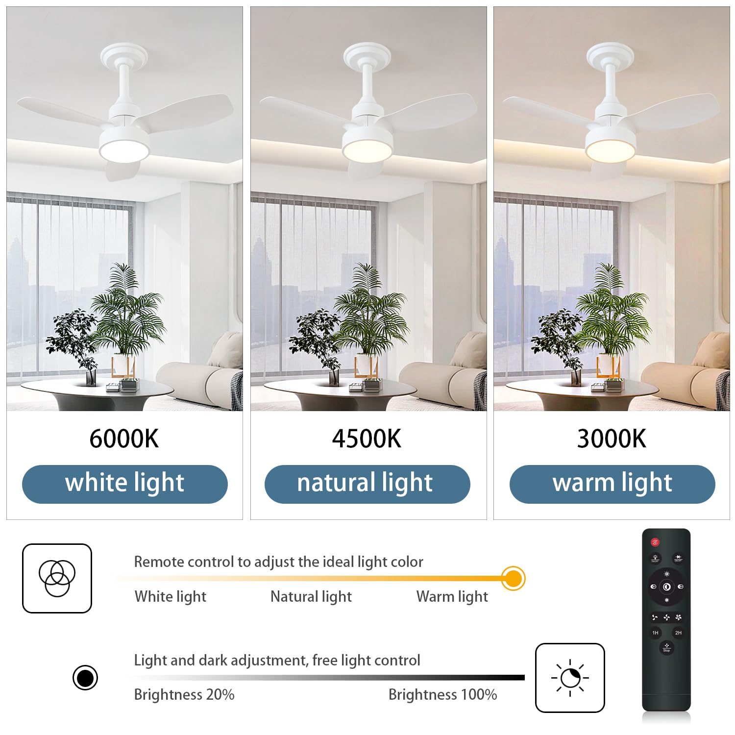 JDONG Weiß Deckenventilator mit Beleuchtung Ø 62CM Leise Fernbedienung 3 Farbtemperatur 3 Geschwindigkeiten Timer