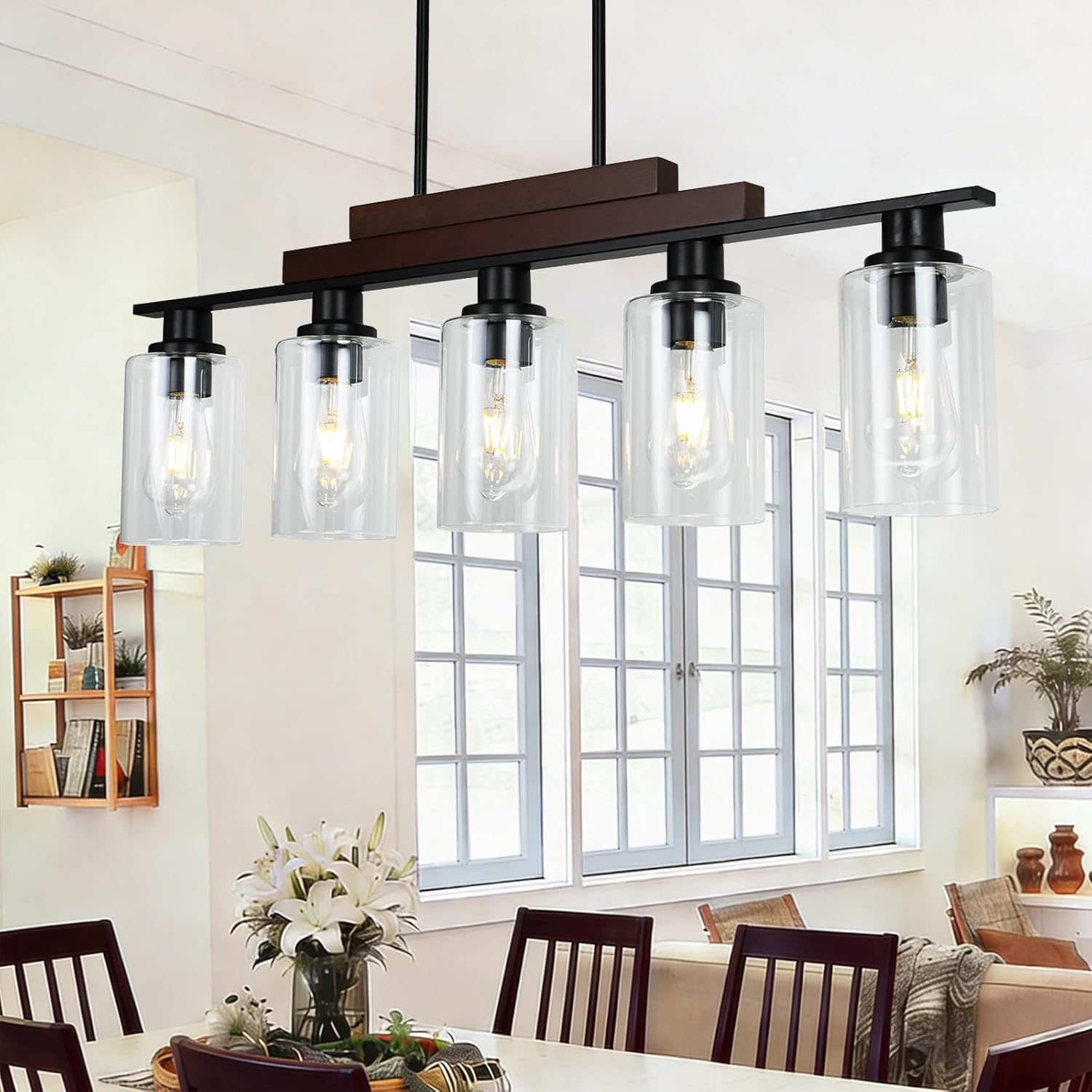 COTULIN 5-Light Farmhouse Kitchen Island Lighting, Dining Room Light Fixture, Rustic Wood Linear Chandelier Hanging, Black Pendant Light with Adjustable Rods and Clear Glass Shades