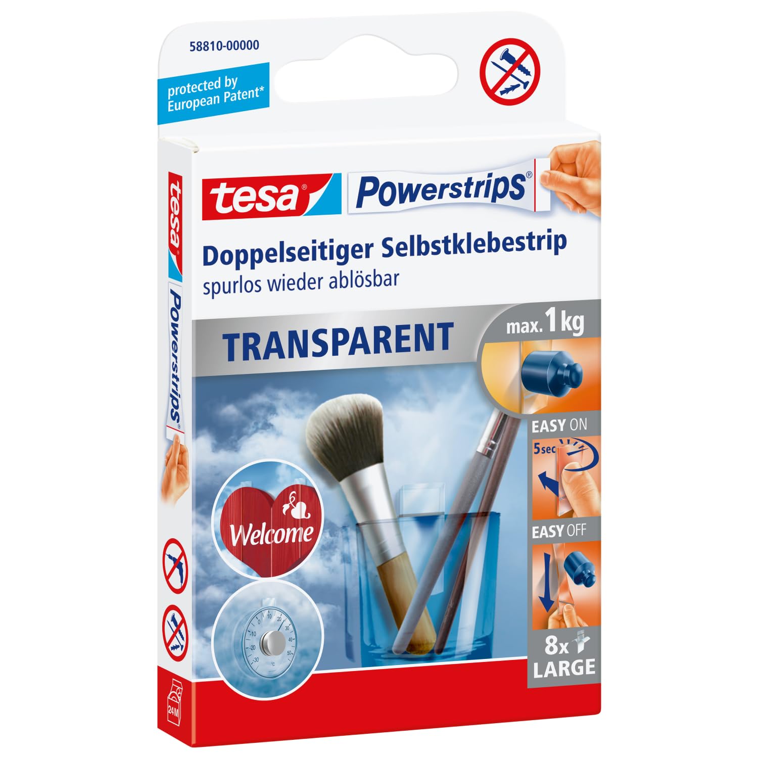 tesa Powerstrips transparent Deko - doppelseitige Klebestreifen für leichte Dekorationen, bis zu 1kg Haltekraft - selbstklebend 1kg 8 Powerstrips