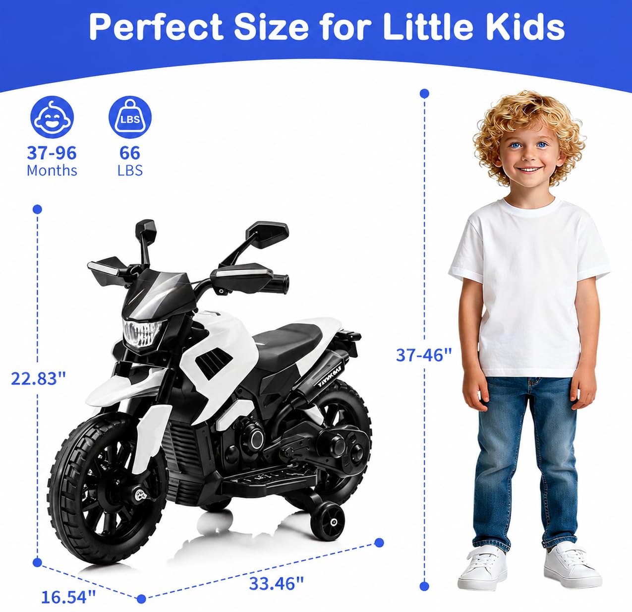 Garvee Moto Elettrica per Bambini 6V con Ruote Stabilizzatrici | Fari LED, Musica, MP3, USB, Batteria 6V4Ah, Velocità 3-8 km/h, Carico 30 kg, per Bambini 3-6 Anni, 85x42x58 cm, Bianco