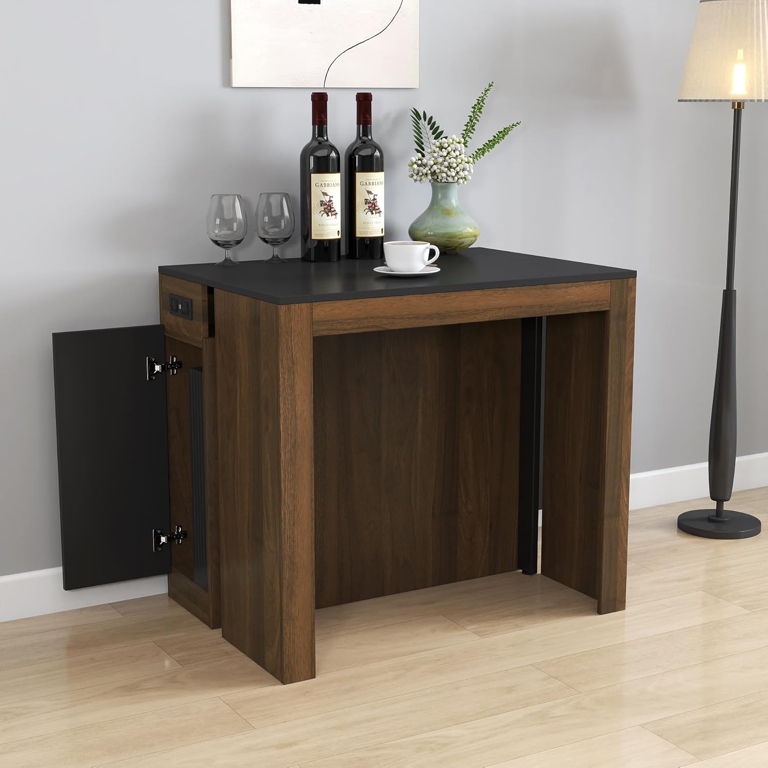 24"-118" Extendable Dining Table with Storage for 2-12 People, Modern Space-Saving Extra Long Wood Folding Table with USB & AC Outlets, Multifunctional Conference Meeting Desk, Black & Walnut