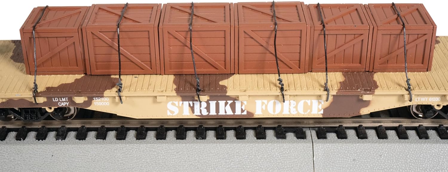 Bachmann Trains - 52’ Center Depressed Flat CAR - Desert Camouflage with CRATES - HO Scale