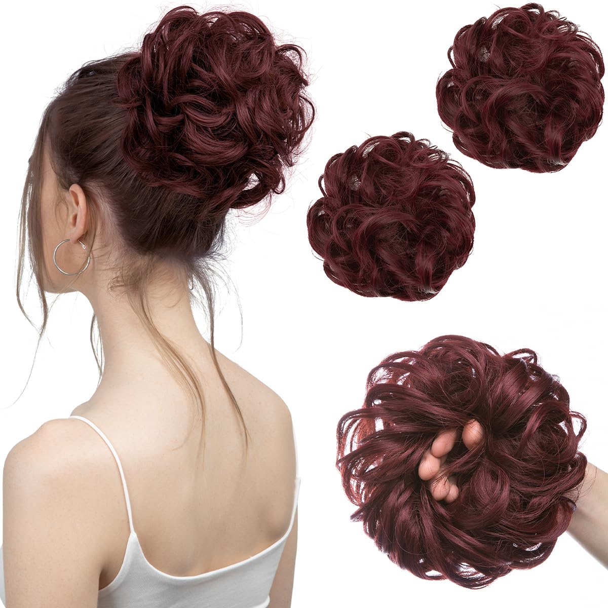 SARLA 2PCS Messy Bun Hair Pieces for Womens Synthetic Scrunchies Buns Extension Hairpieces Updo Pony Tail Wine Red