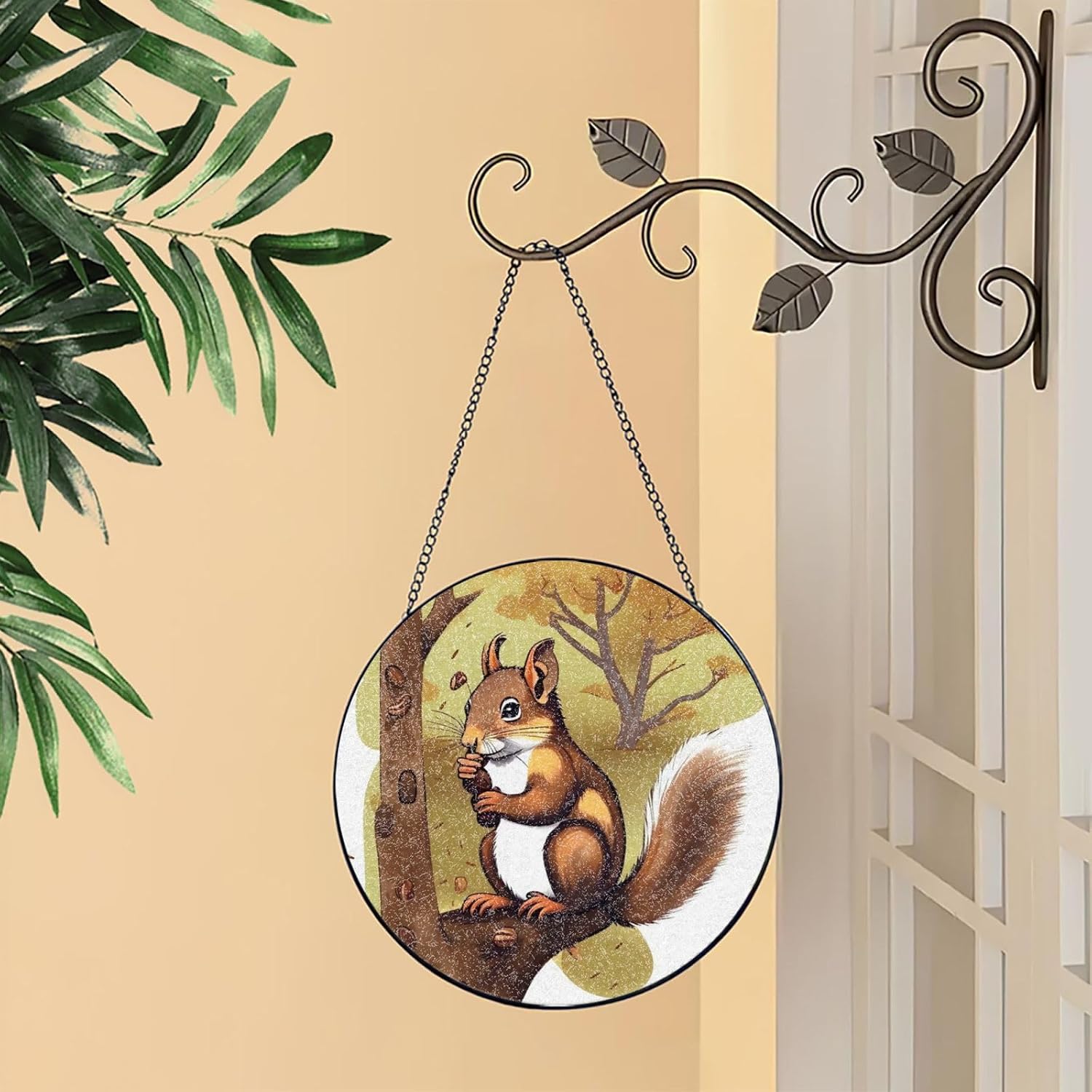 Stained Glass Window Hanging 6in（15cm）, Nut-Eating Squirrel Glass Suncatcher for Home Decor, Indoor Wall Art Glass Panel with Metal Chain and Hooks, Sun Catcher Ornament Birthday Gifts