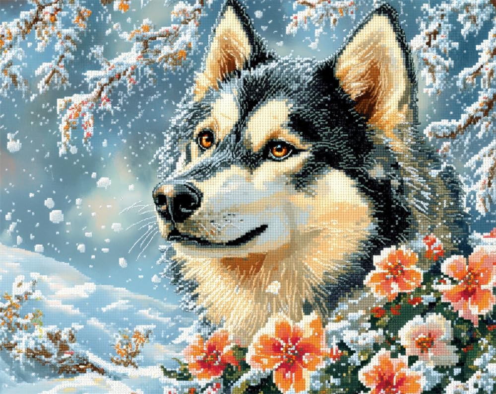 Henypt Printed Cross Stitch Kits for Adults Alaskan Malamute and Flowers in The Snow DIY 11 Ct Embroidery Sewing Starter Kit Stamped Needlework Home Decor (Stamped)