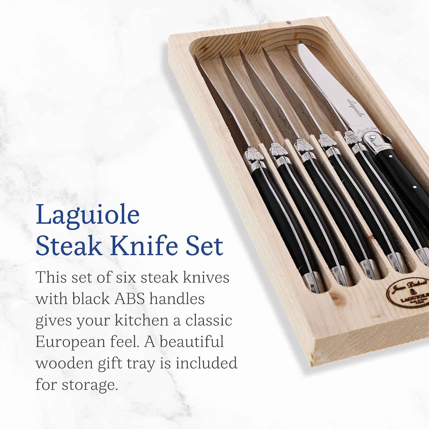 Jean Dubost Laguiole 6-Piece Steak Knife Set, Black Handles - 2.5 mm Blades - Rust-Resistant Stainless Steel - Includes Wooden Tray - Made in France