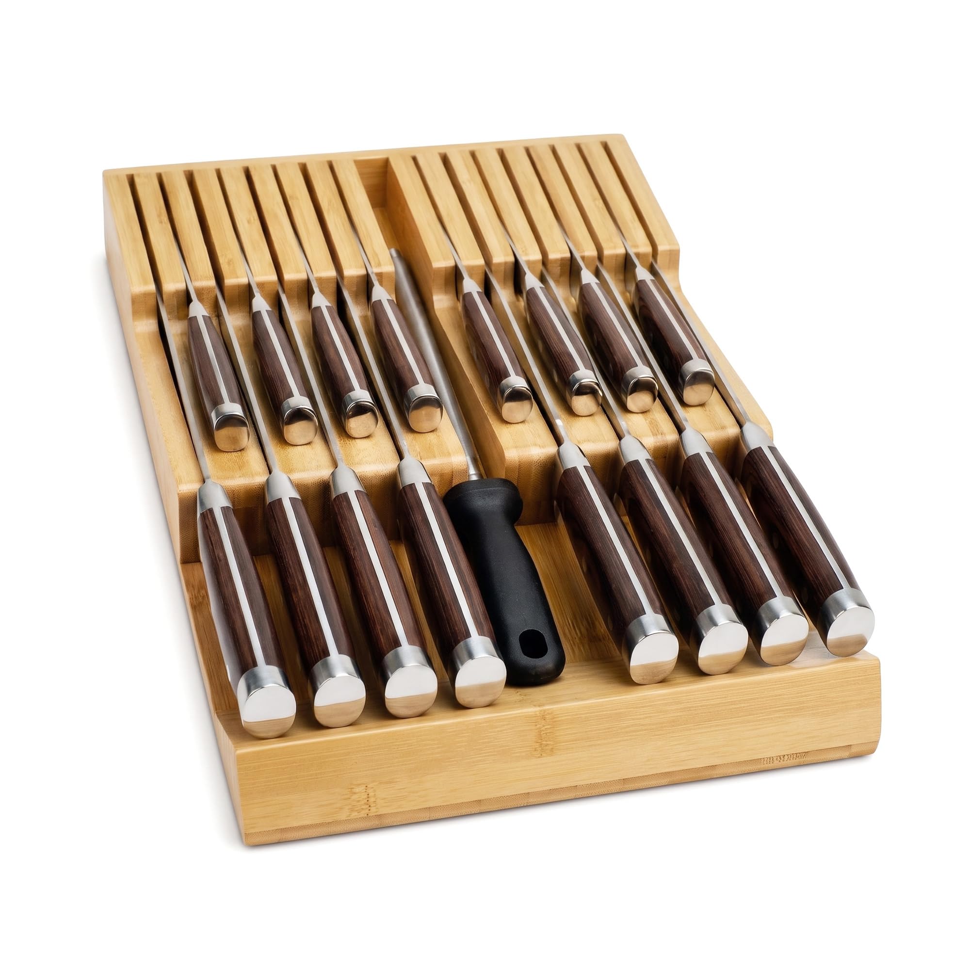 Bamboo Kitchen Drawer Knife Holder, In-drawer Knife Block, Knife Drawer Organizer fit for 16 knives and 1 steel sharpening