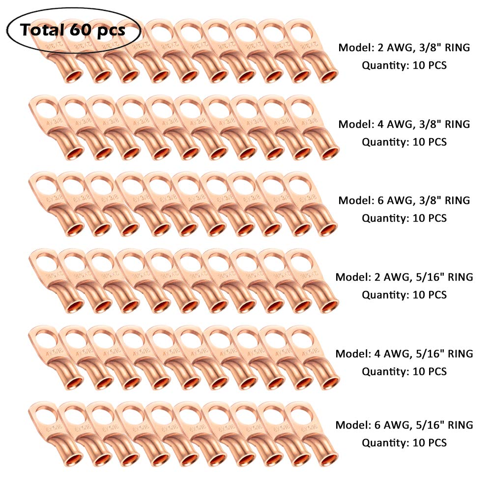 Ampper Heavy Duty Copper Wire Lugs, UL Eyelets Ring Crimp Copper Terminal Connectors Set W/ 60 Pcs Heat Shrink Tubing for Battery Cable Ends and More (2/4/6 Awg, 3/8" & 5/16" Ring, 60 Pcs)