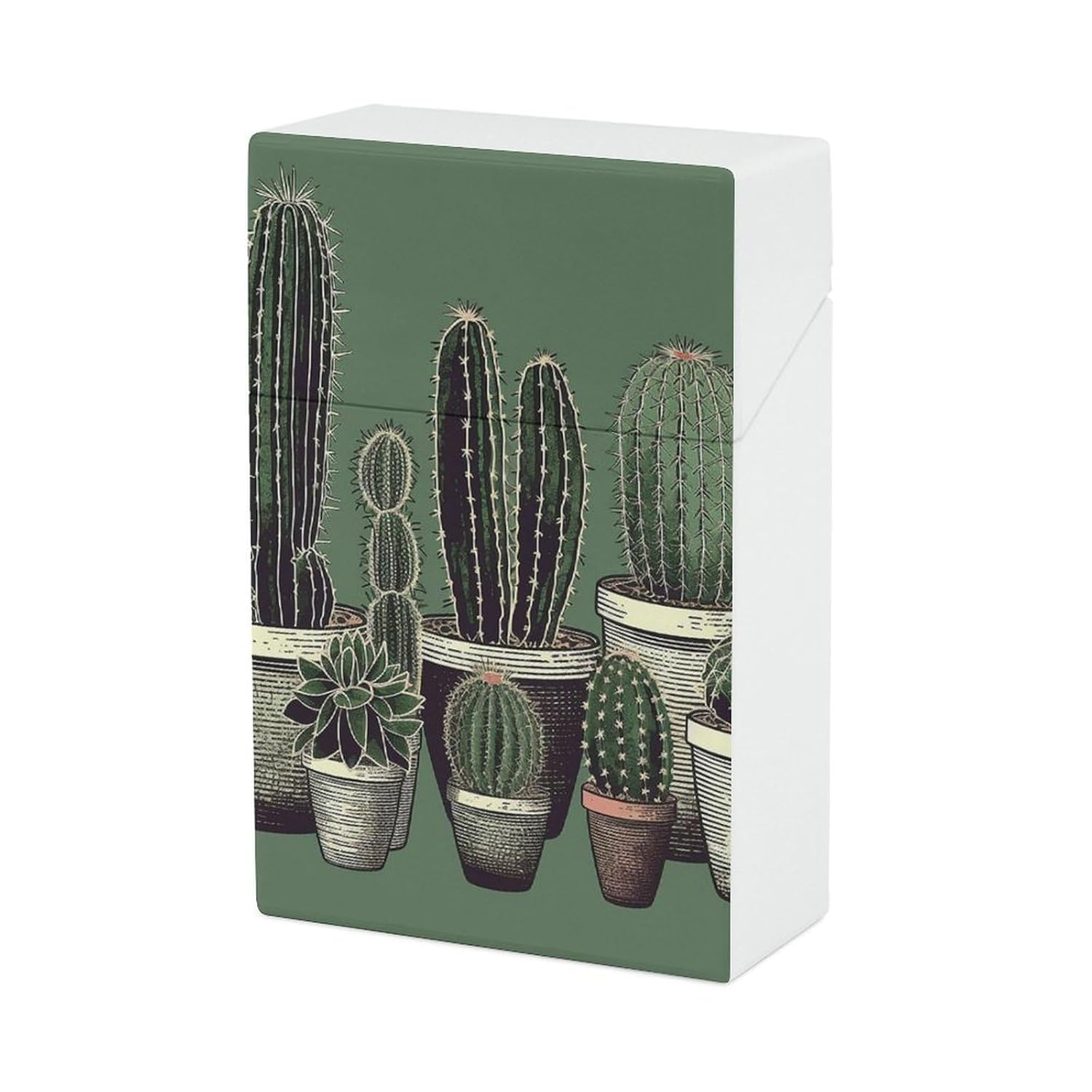 Green Cactus Cigarette Case for King Size Retro Holder Case with Exquisite Carved Patterns Box 20 Regular Size Cigarettes