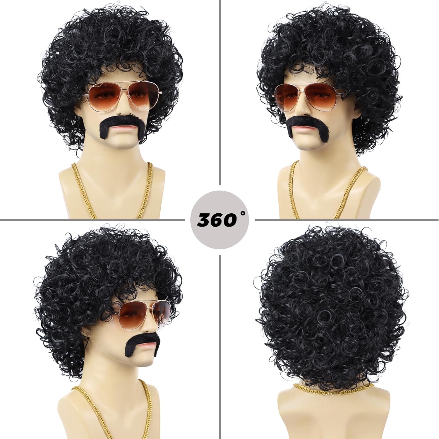 70s 80s Mens Disco Wig 5pcs set (Glasses+ Golden Chain+ Mustache+ Wig Cap) Short Afro Curly Wigs For Retro Disco Outfit Men Party Hippies Rocker Cosplay Costume Halloween(Black) - Image 3