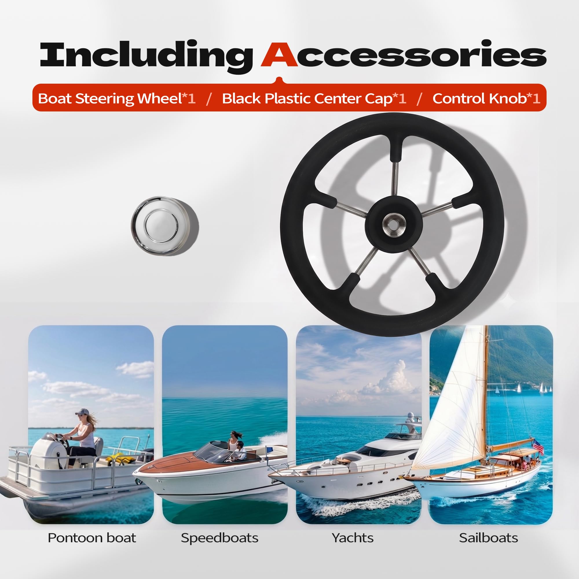Volante per barca da 33 cm, in acciaio inox, adatto per albero conico da 1,9 cm, 5 razze in schiuma PU nera, antiscivolo, stile distruttore, per barche, yacht, pontoni