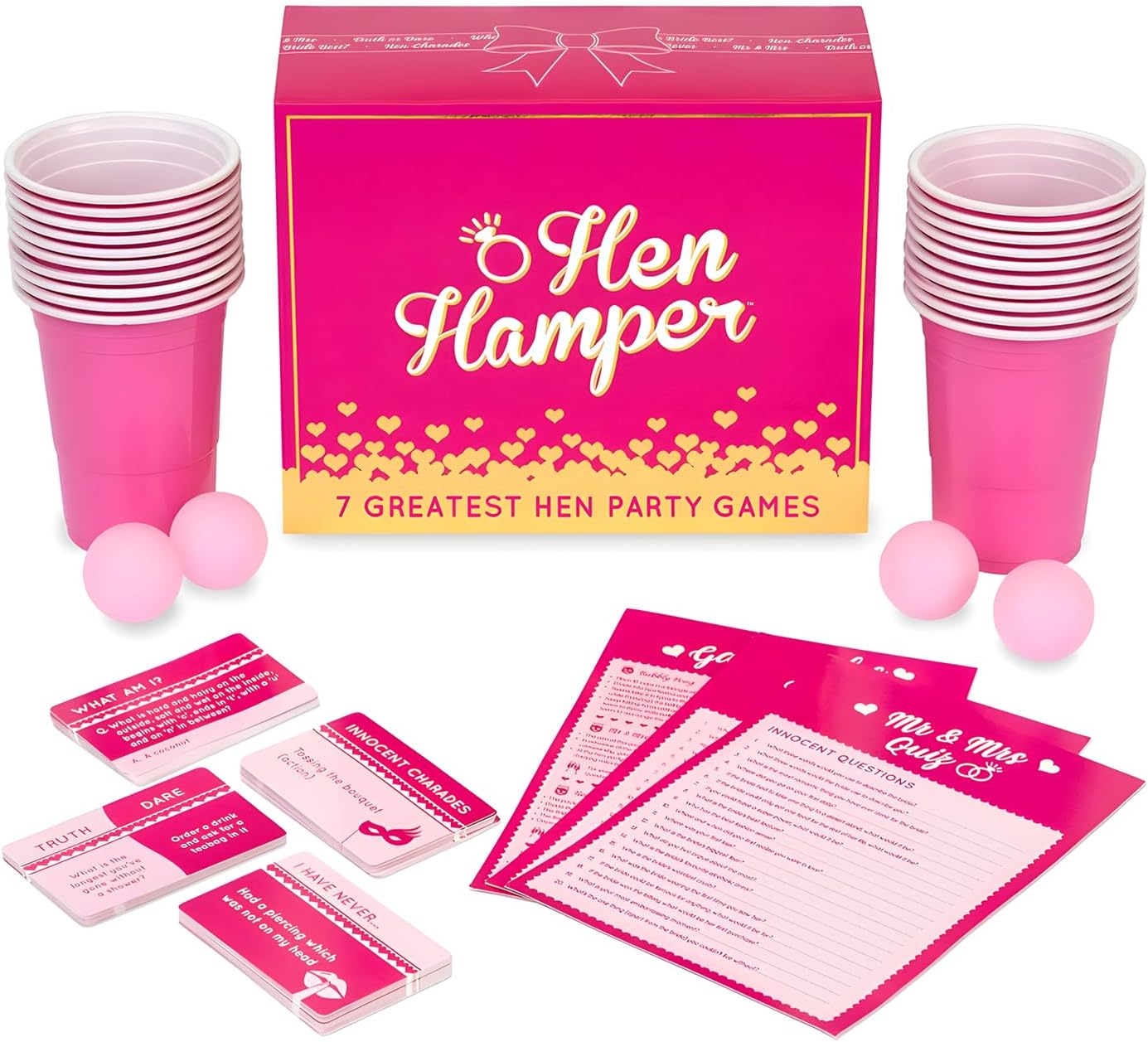 โ Hen Hamper - 7 Hilarious Hen Party Games (Bubbly Pong, Mr & Mrs, Hen Charades, I Have Never, Who Knows The Bride Best, What Am I, Truth or Dare)
