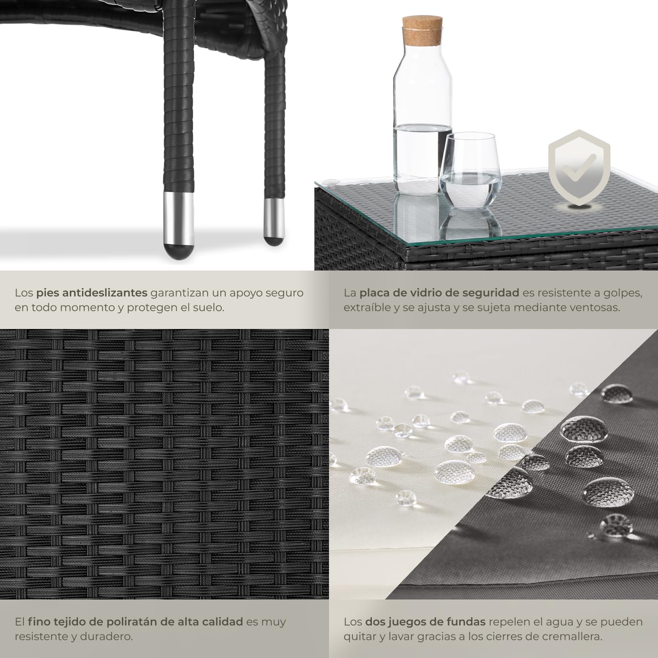tectake® Conjunto Jardín Exterior de Ratán y Acero para 2 Personas, Muebles Jardín Exterior Resistentes a Intemperie, 2 Sillones y 1 Mesa Cristal, Fácil Montaje y Limpieza, Incl. 4 Fundas - Negro