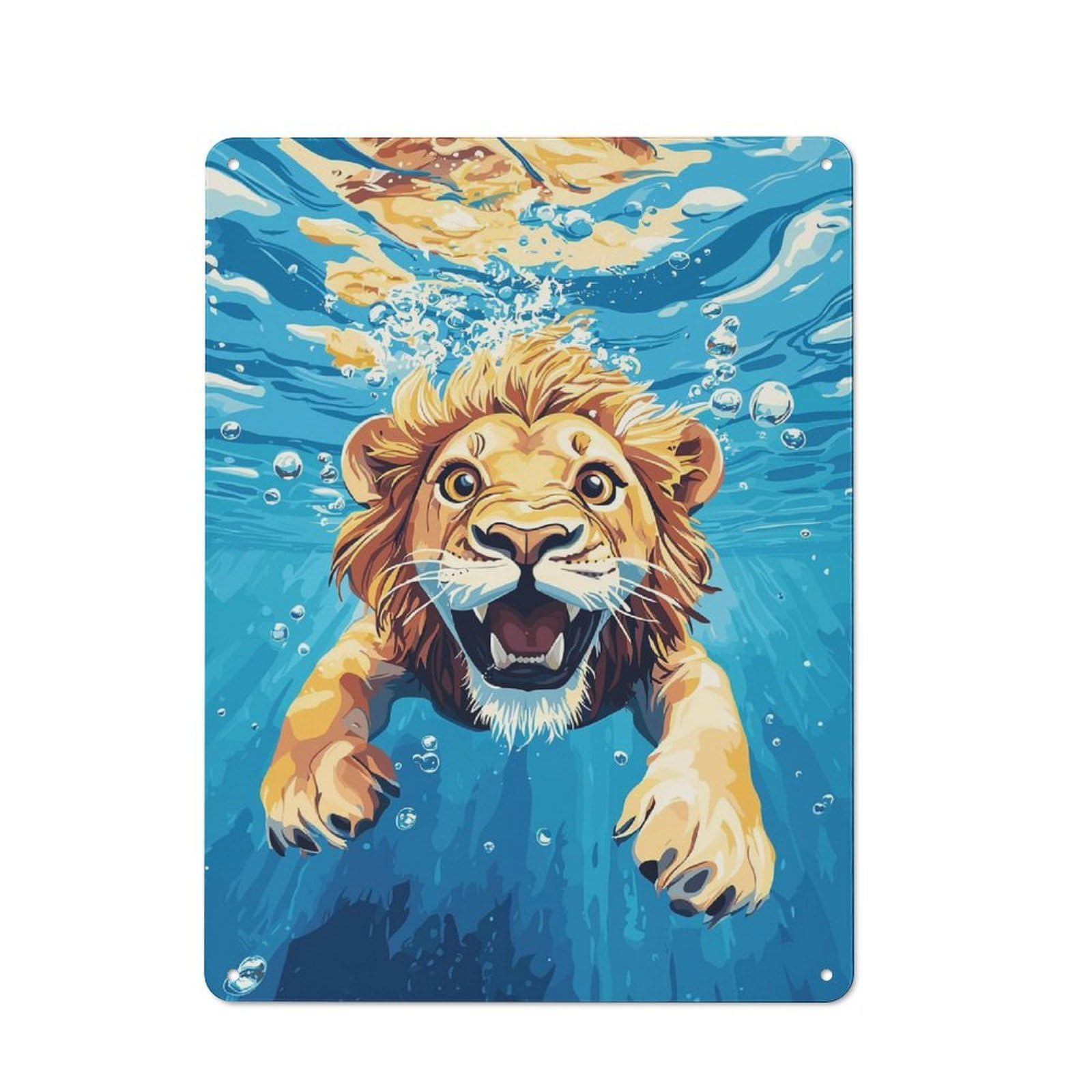 Junmoney Style-4 Tin Wall Plaque 40X30cm With Lion Swimming Underwater For Bar Or Restaurant, For Hospitality Decor Collectors