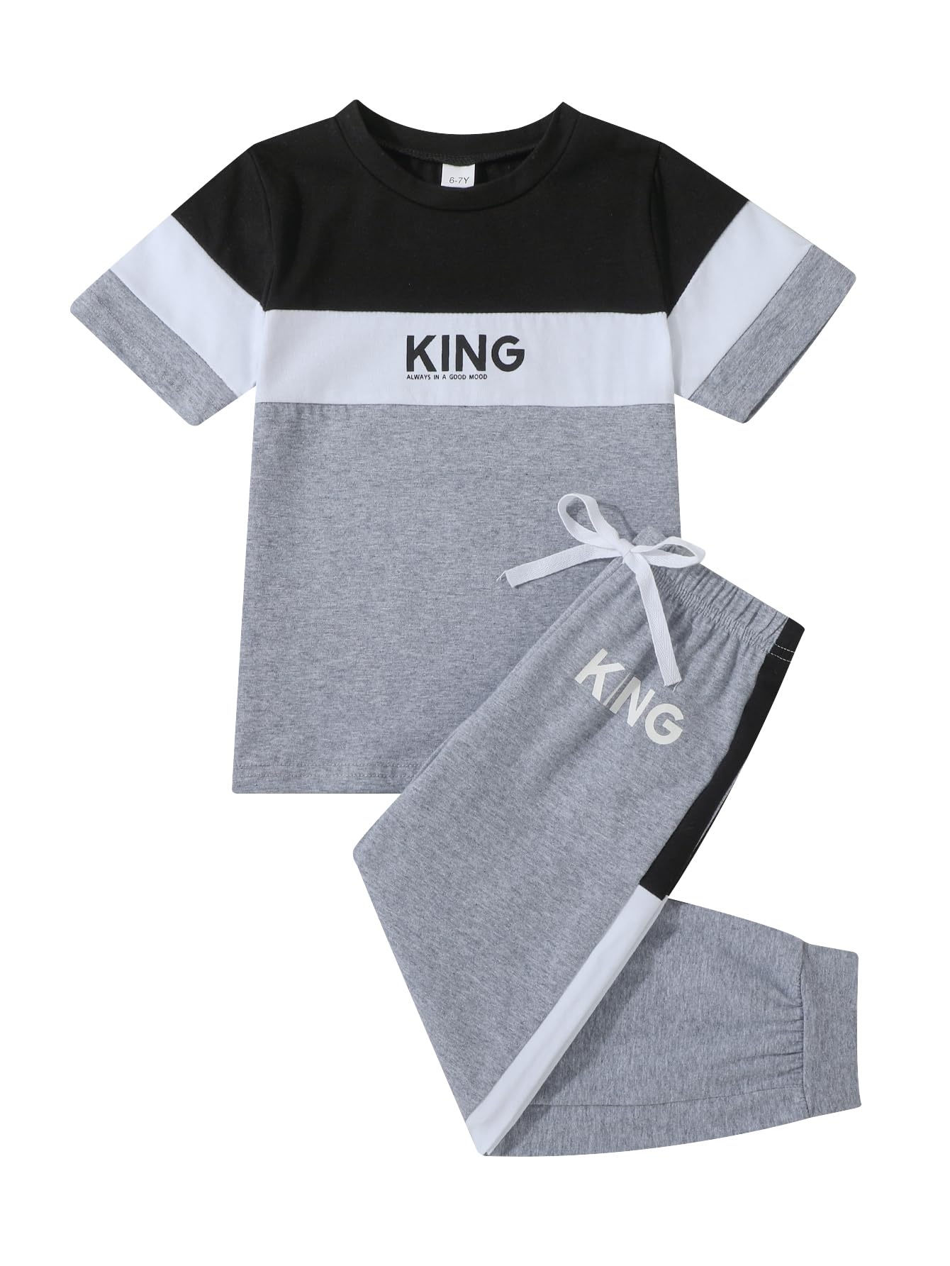 Axumity 6-12 Years Kid Boys Clothes Outfits Casual Crew Neck Colorblock Short Sleeve Top Fall Pants Set