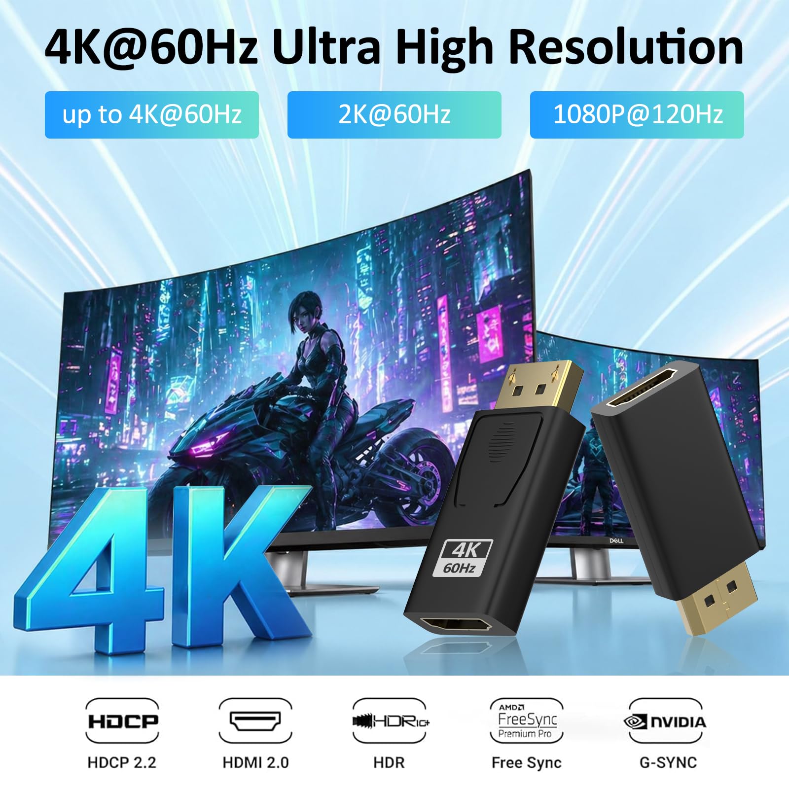 4K Adaptateur Displayport vers HDMI,DisplayPort vers HDMI 4K@60Hz/ 2K@60Hz/ 1080P@120Hz,2 pièces Unidirectionnel display port to hdmi Compatible avec Dell,HP,HDTV,Projecteur,Moniteur, AMD, GPU, NVIDIA