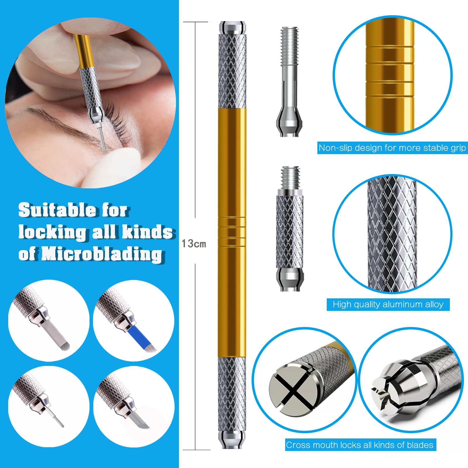 Microblading Pens 3 Piece Golden Dual Purpose Light Manual Tattoo Eyebrow Pens For Permanent Makeup Supplies Durable Aluminum Pen With Lock-Pin Tech+20Pcs Disposable Eyebrow Microblading Needles - Image 3
