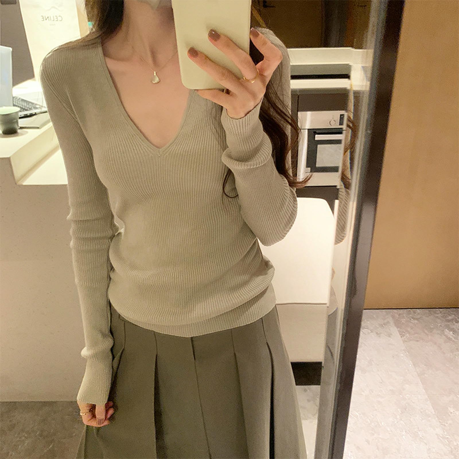 sous-vêtement Thermique Pull d'automne Et d'hiver À Col en V Long Manches Longues avec Une Chemise De Base pour Les Femmes-Noir-m