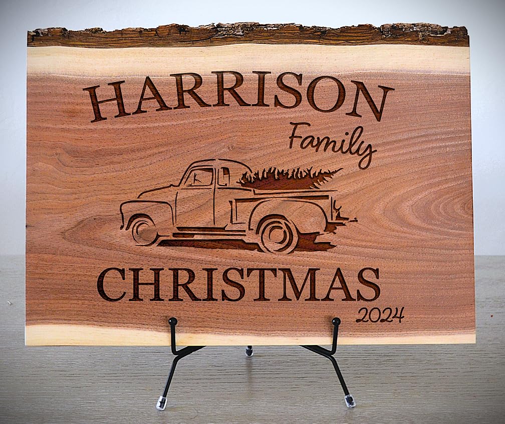 Personalized Cutting Board Wedding Gift Walnut Live Edge Artisan Rustic Display Unique Custom Engraved Anniversary Bride Groom Newlywed Couple Parents Housewarming (Old Christmas Tree Red Truck)