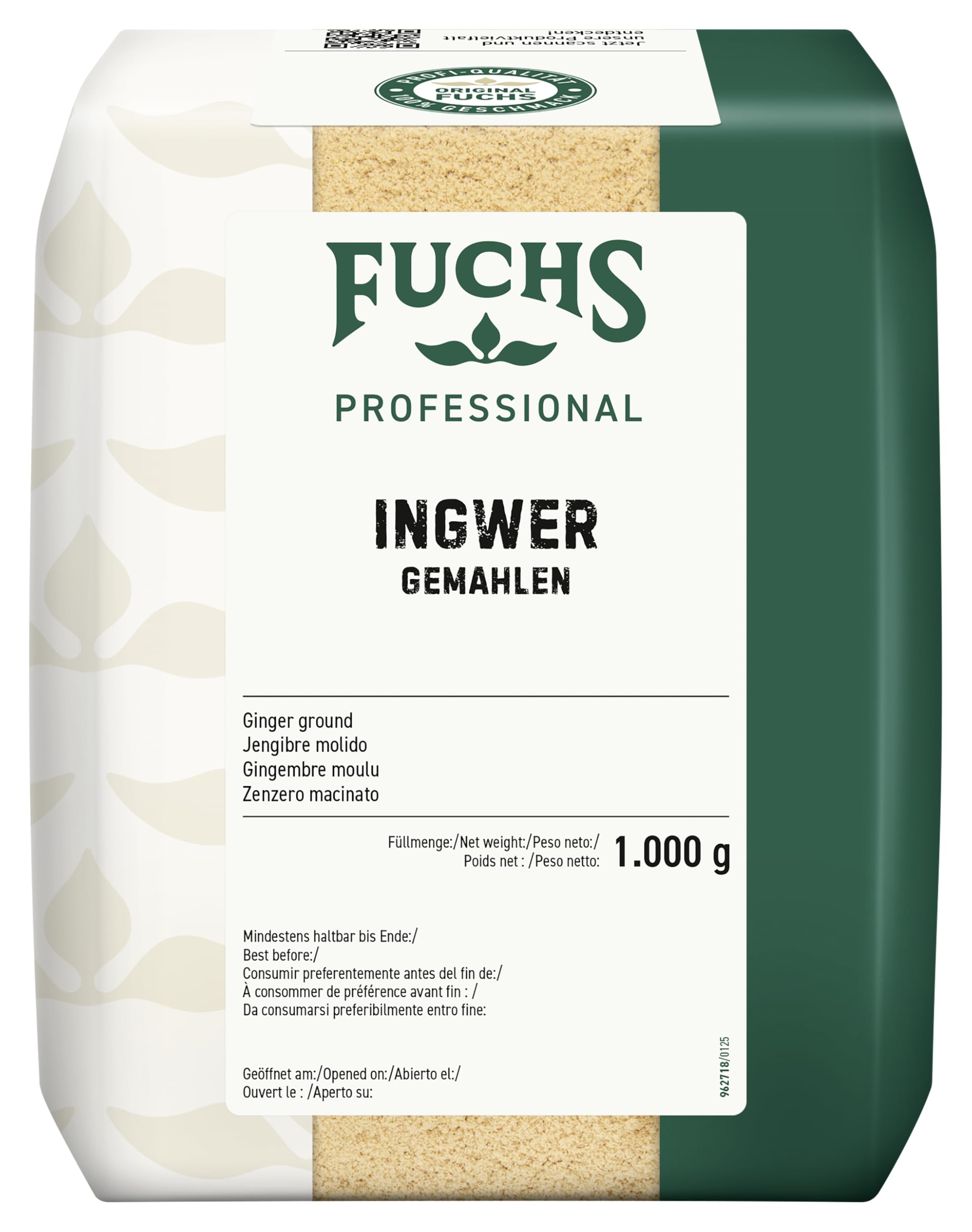Fuchs Professional - Jengibre molido | 1 kg en bolsa reciclable | Especia picante para platos de curry y salsas picantes | Calidad profesional para consumidores a granel y restaurantes