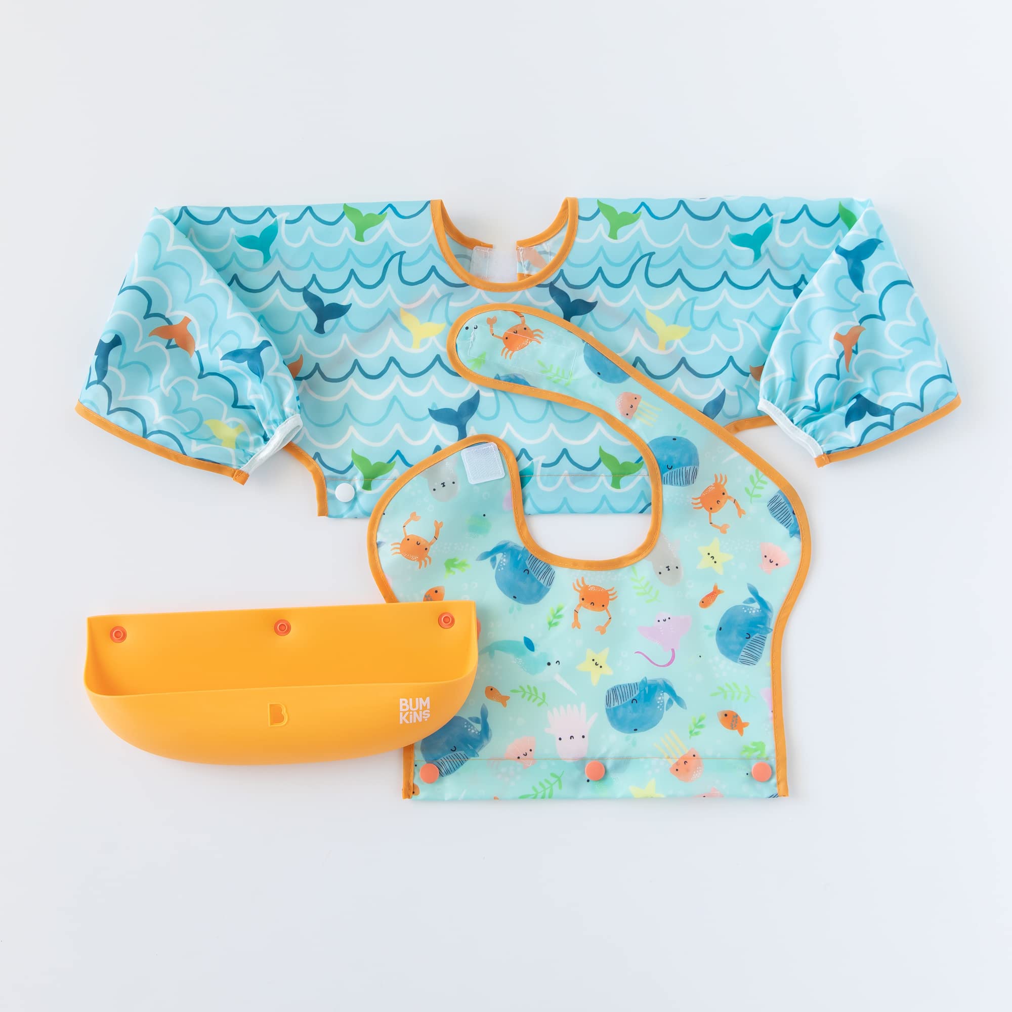 Bumkins Bavaglino in silicone per bambine e bambini, 6-24 mesi, indispensabile per mangiare, nutrire, tessuto combinato, bavaglini e maniche lunghe con custodia