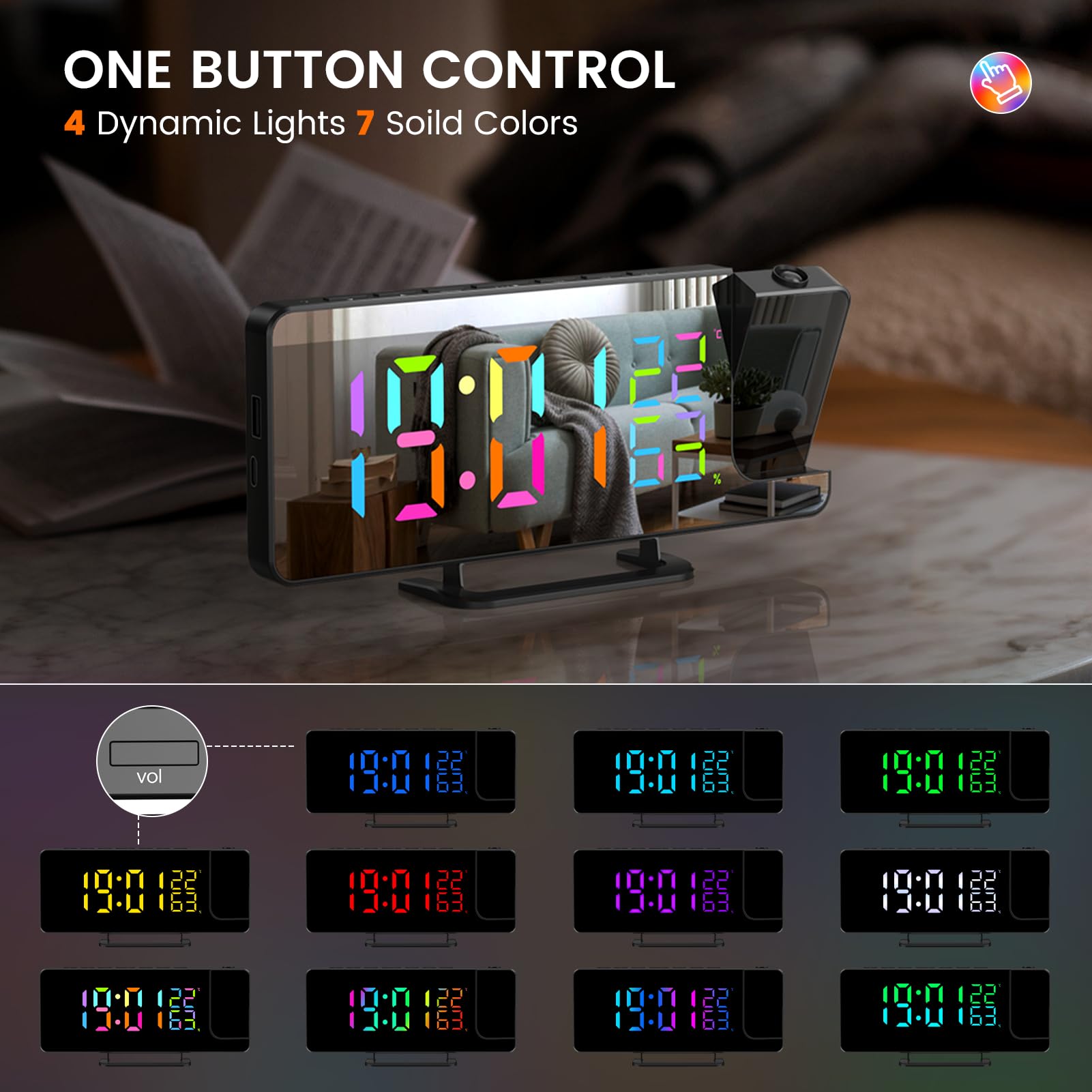 Sveglia digitale con proiezione e indicatore di temperatura a LED, snooze, display 7,2