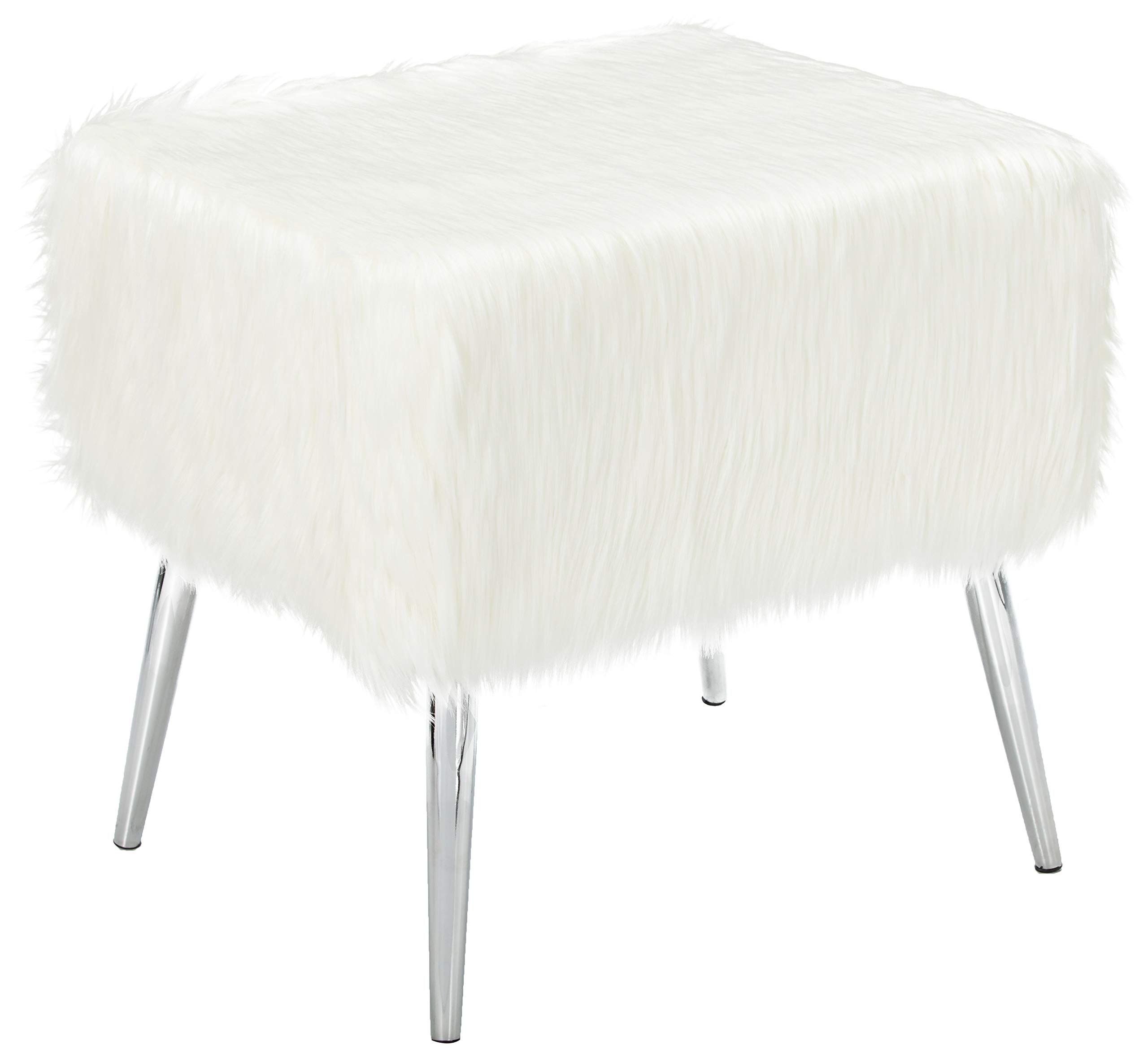 Cortesi HomeOlivia Faux Fur Ottoman with Chrome Legs, 20", White