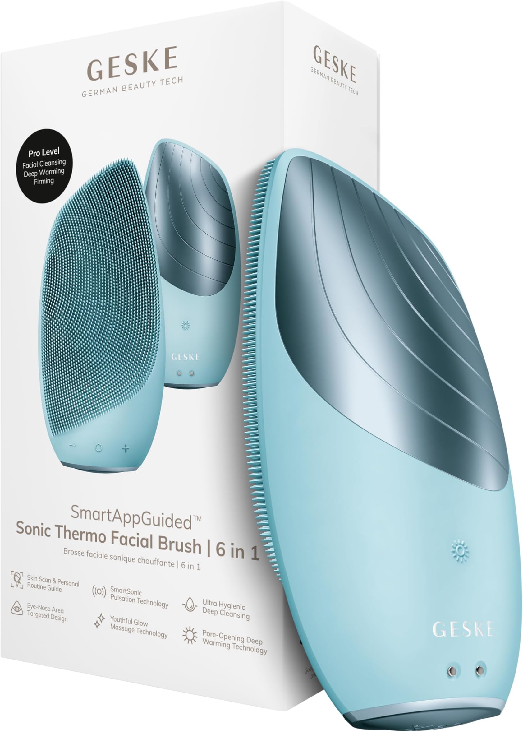 GESKE SmartAppGuided Sonic Thermo Facial Brush | 6 in 1 | Skin Cleansing | Cleansing Brush with Thermal Function | Electric Facial Massager